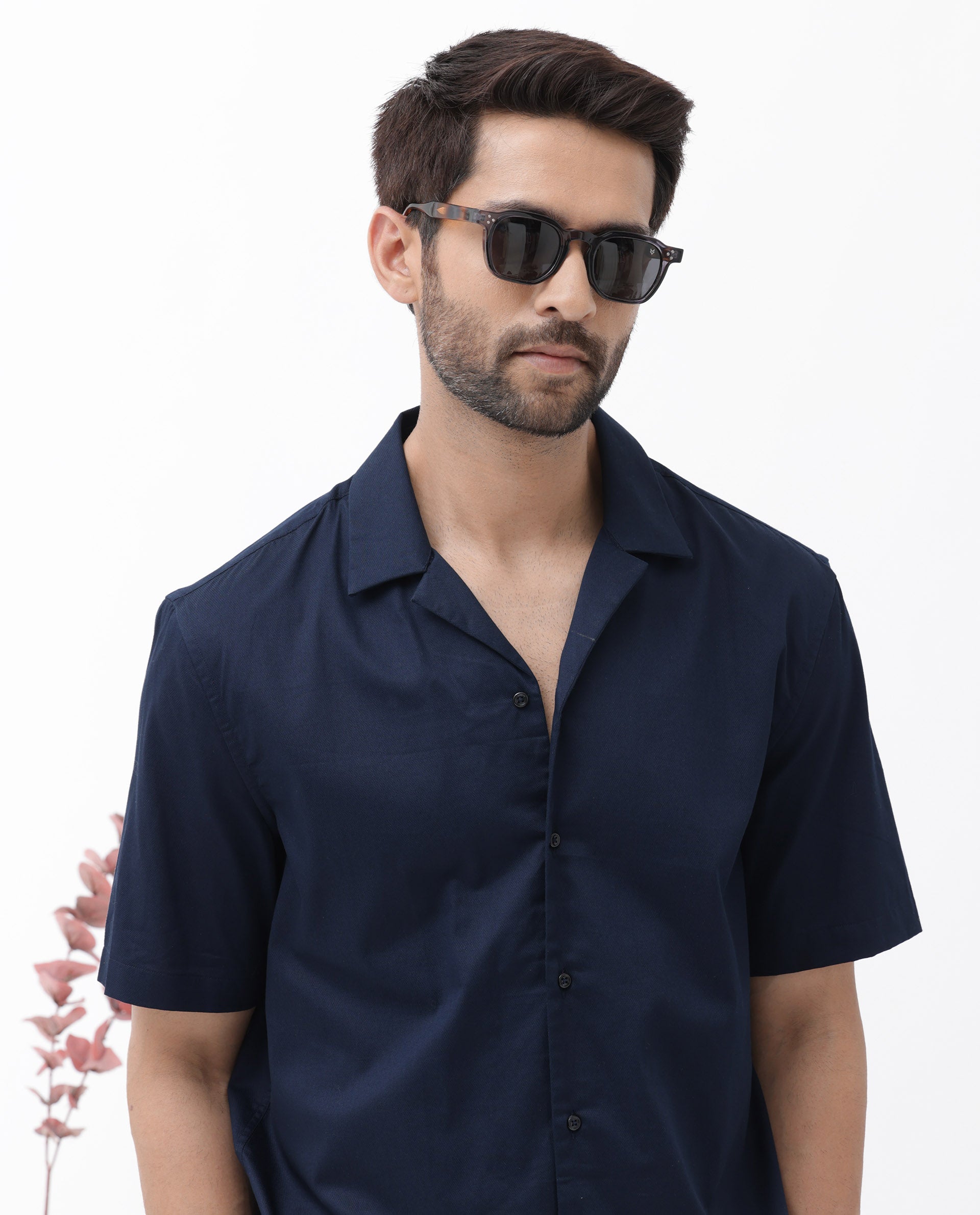 Rare Rabbit Men's Memop SS Navy Tencel Fabric Half Sleeves Cuban Collar Boxy Fit Solid Twill Shirt