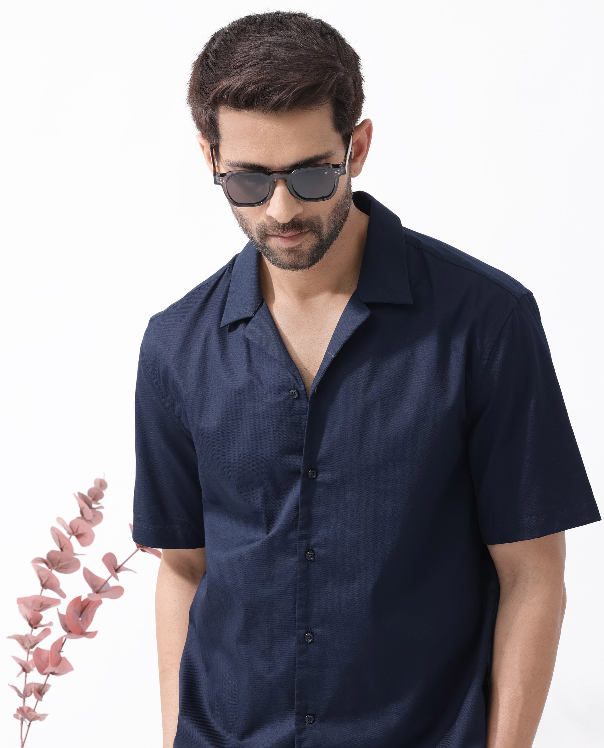 Rare Rabbit Men's Memop SS Navy Tencel Fabric Half Sleeves Cuban Collar Boxy Fit Solid Twill Shirt