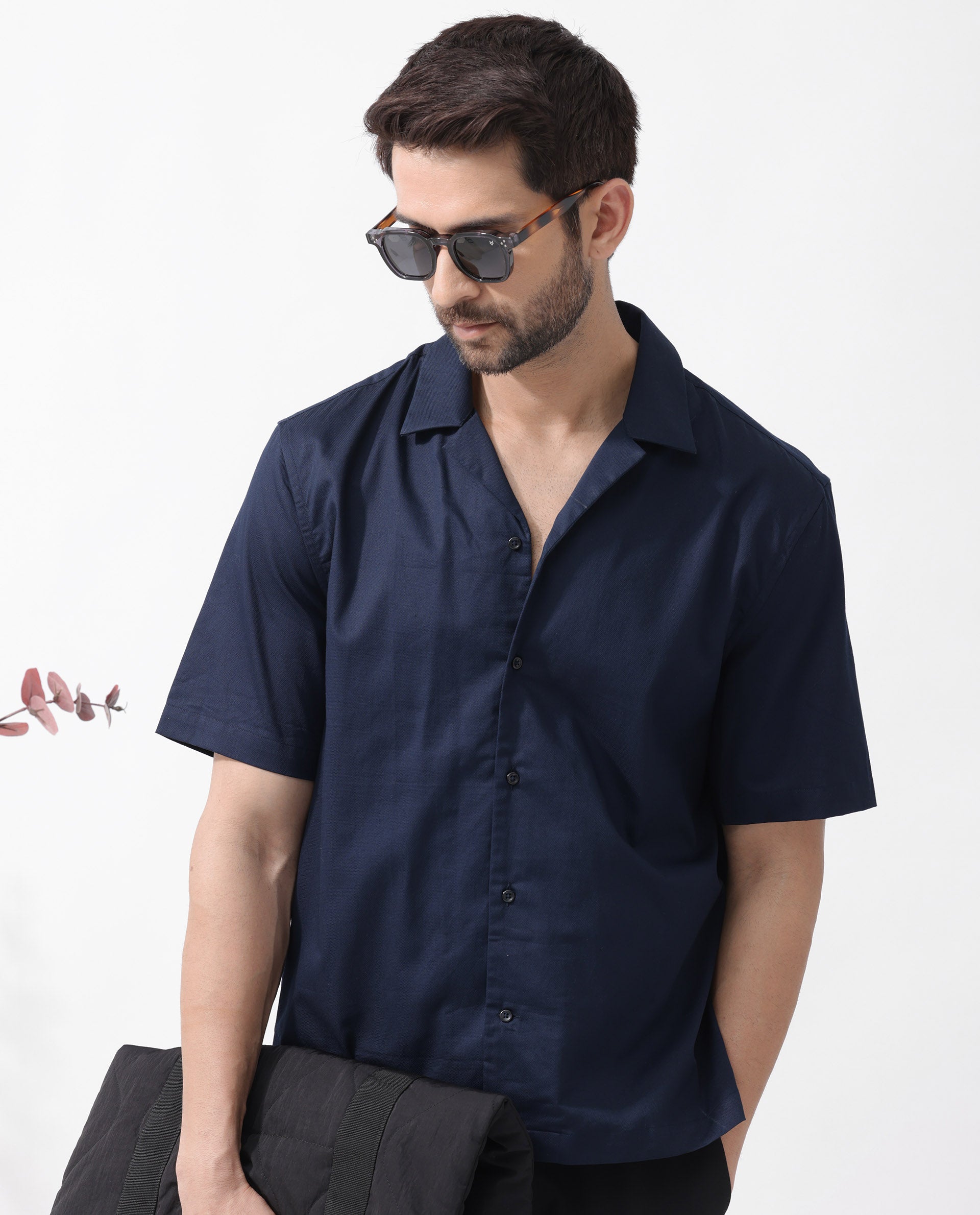 Rare Rabbit Men's Memop SS Navy Tencel Fabric Half Sleeves Cuban Collar Boxy Fit Solid Twill Shirt