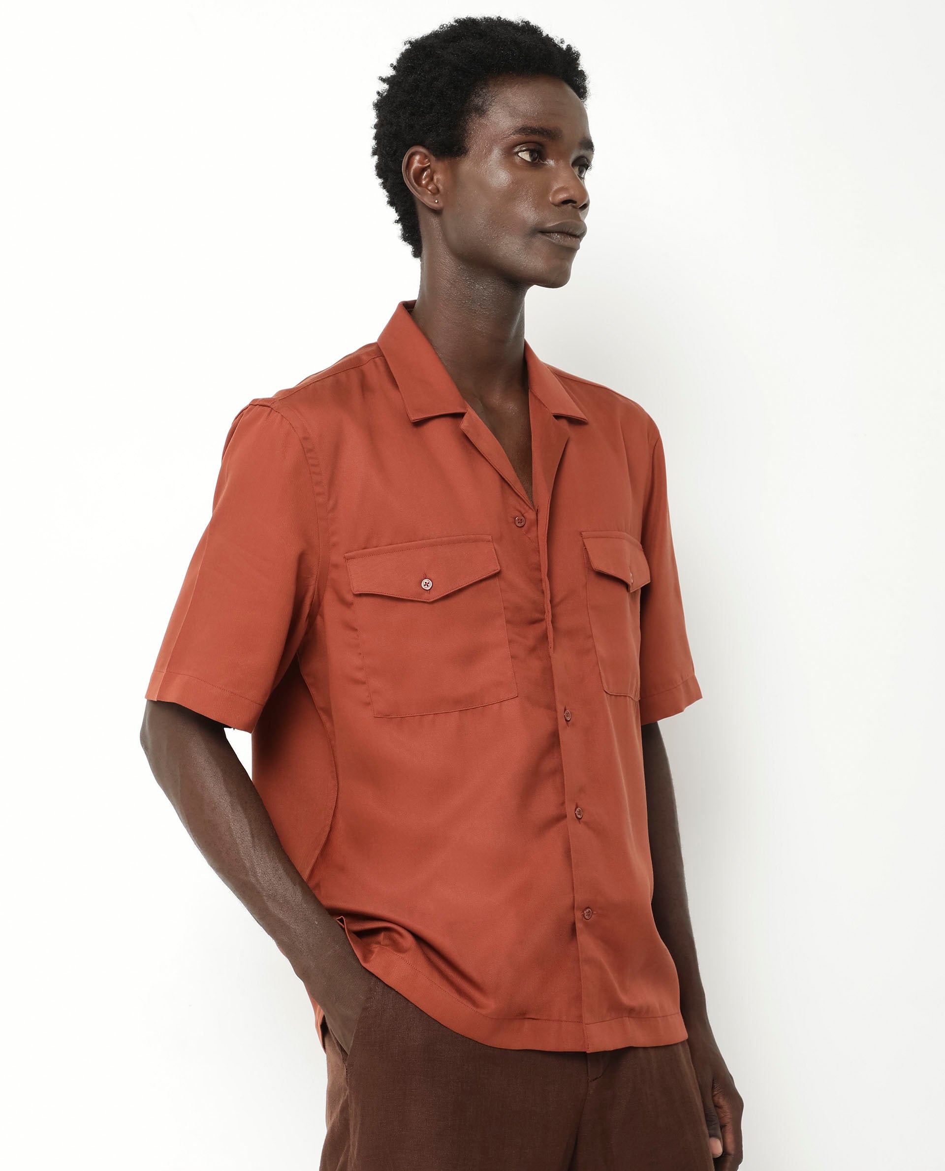 Rare Rabbit Men's Memop SS Rust Tencel Fabric Half Sleeves Cuban Collar Boxy Fit Solid Twill Shirt