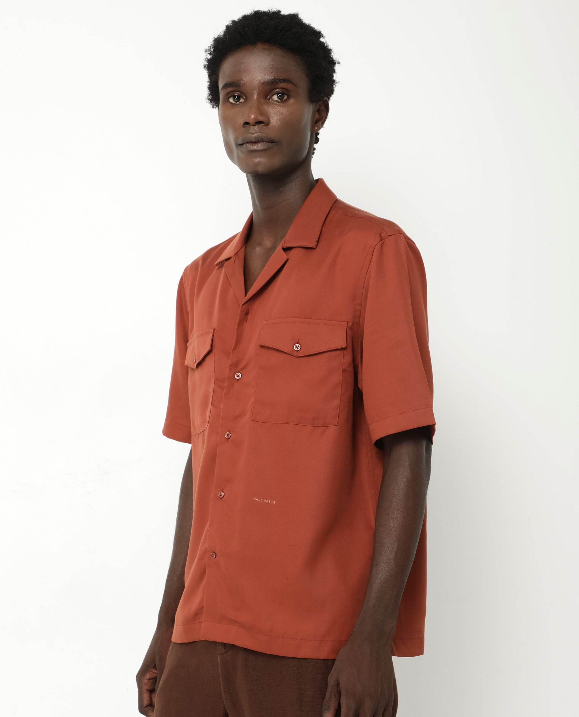 Rare Rabbit Men's Memop SS Rust Tencel Fabric Half Sleeves Cuban Collar Boxy Fit Solid Twill Shirt