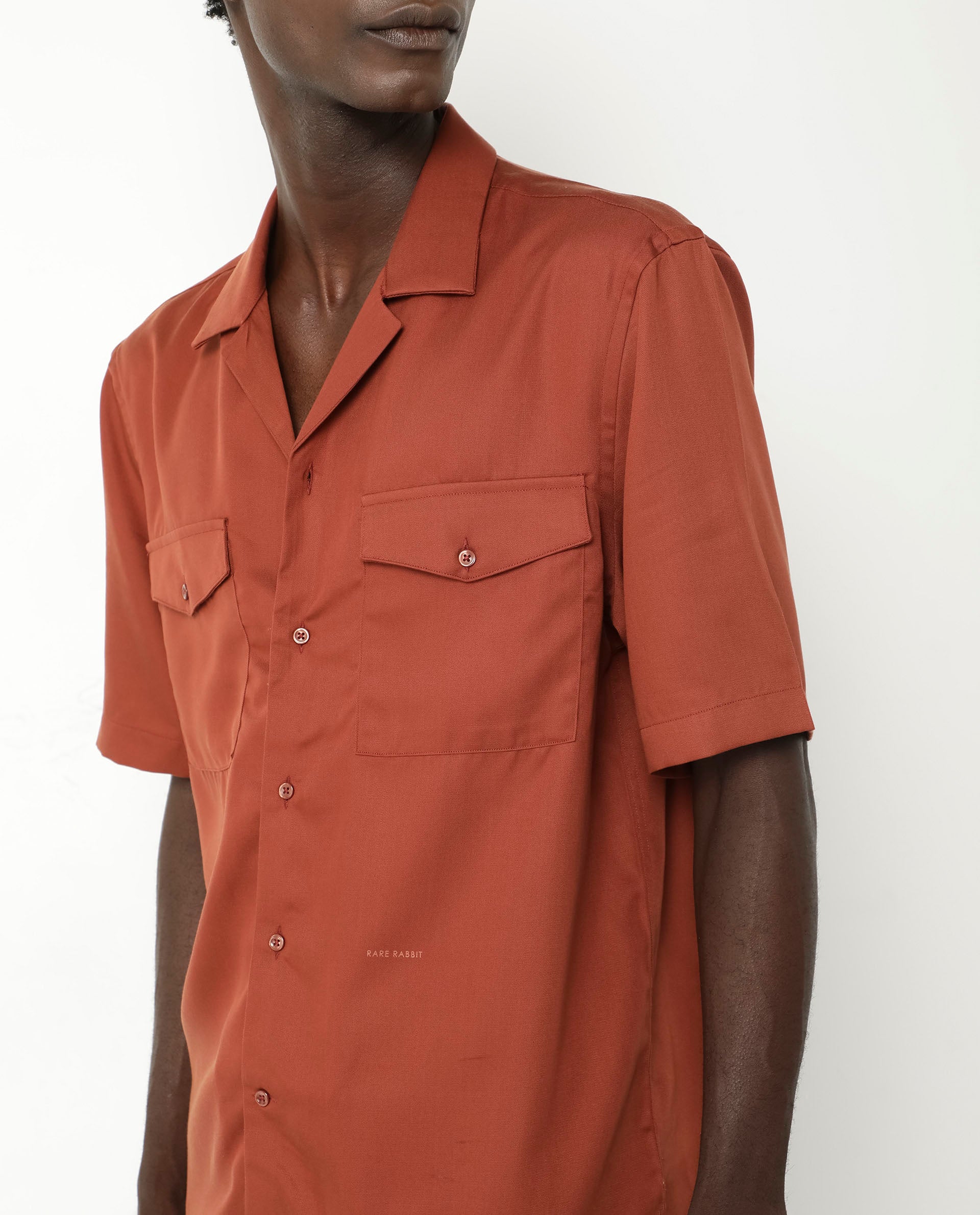 Rare Rabbit Men's Memop SS Rust Tencel Fabric Half Sleeves Cuban Collar Boxy Fit Solid Twill Shirt