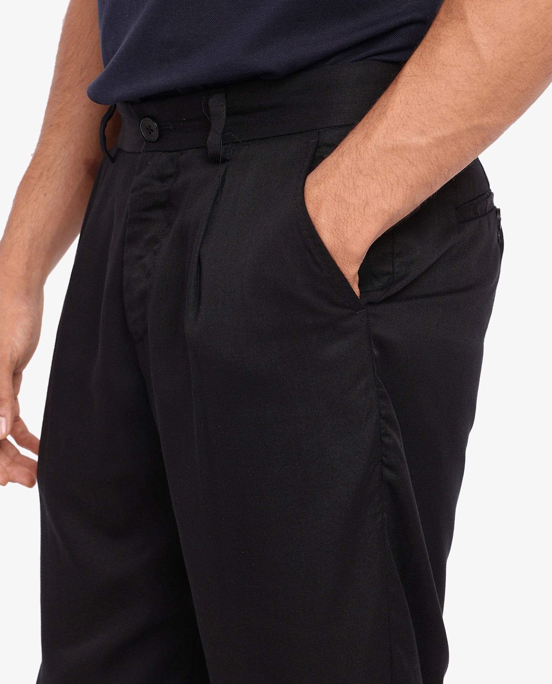 Rare Rabbit Mens Memos Black Tencel Fabric Solid Regular Fit Tencel Fabric Trouser