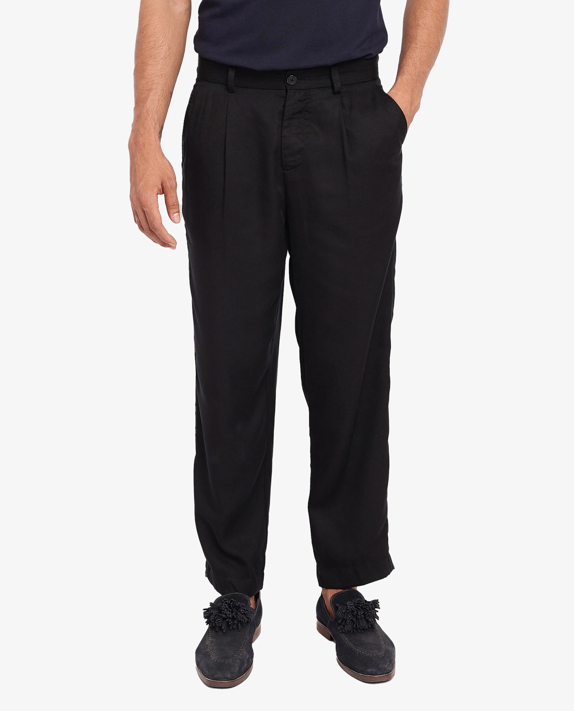 Rare Rabbit Mens Memos Black Tencel Fabric Solid Regular Fit Tencel Fabric Trouser