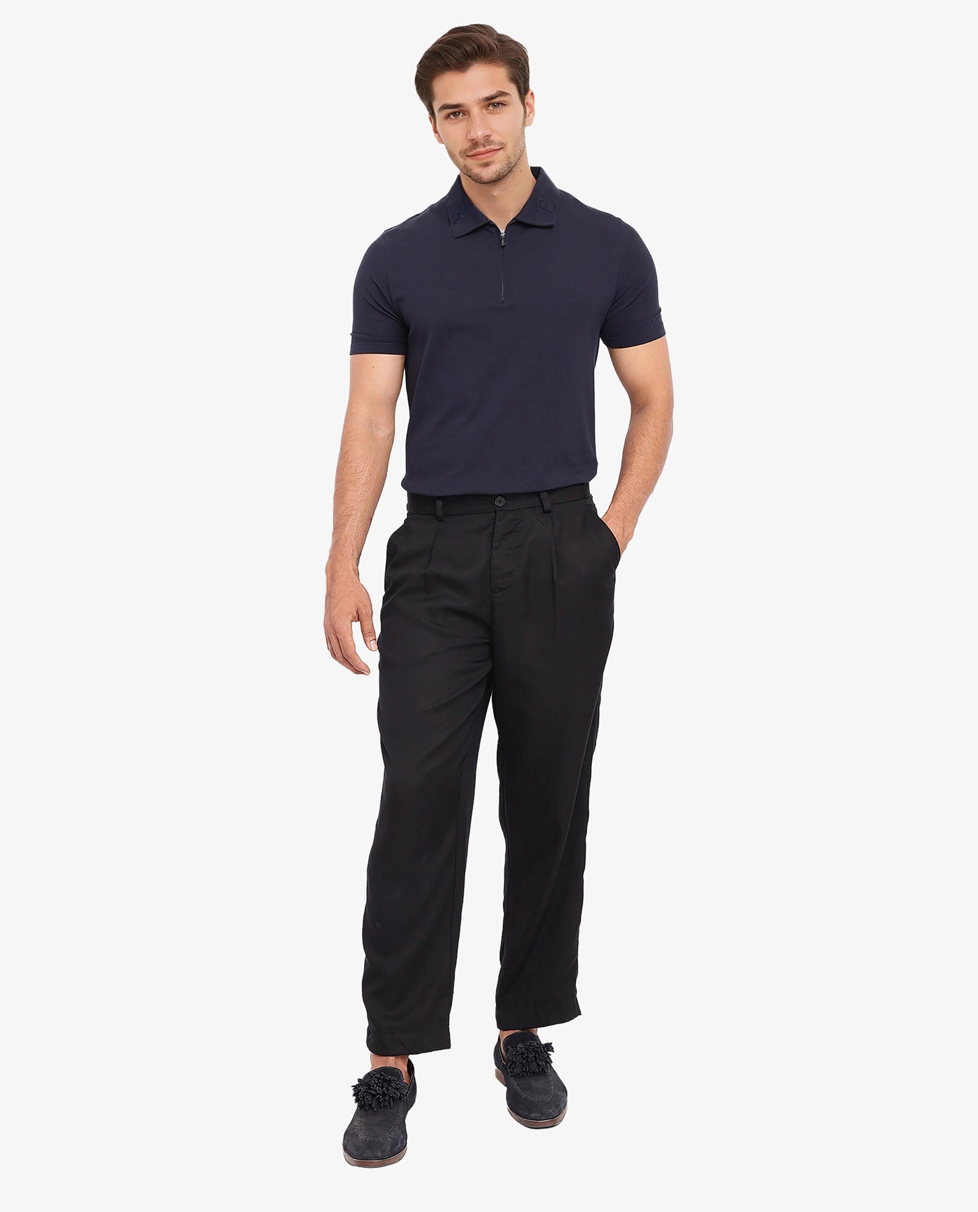 Rare Rabbit Mens Memos Black Tencel Fabric Solid Regular Fit Tencel Fabric Trouser