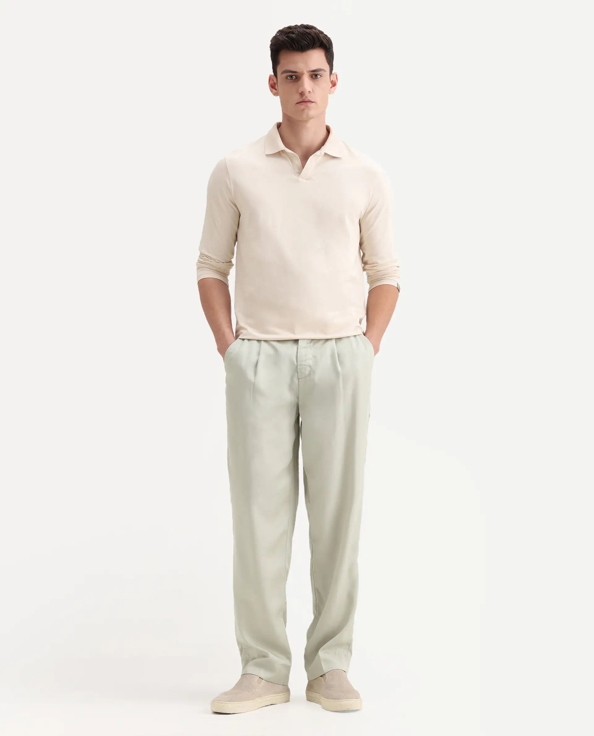 Rare Rabbit Men's Memos Light Green Tencel Plain Regular Fit Trouser