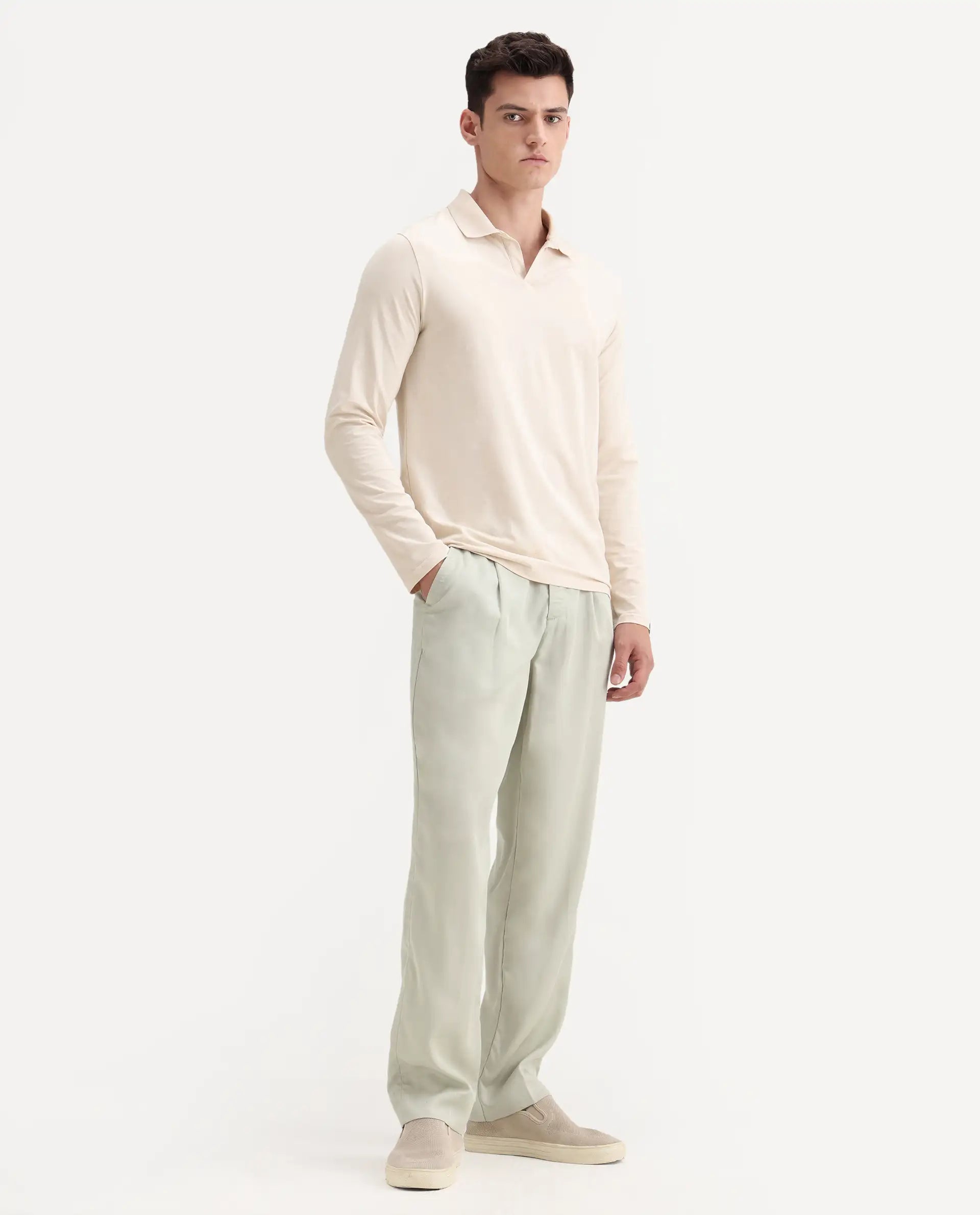 Rare Rabbit Men's Memos Light Green Tencel Plain Regular Fit Trouser