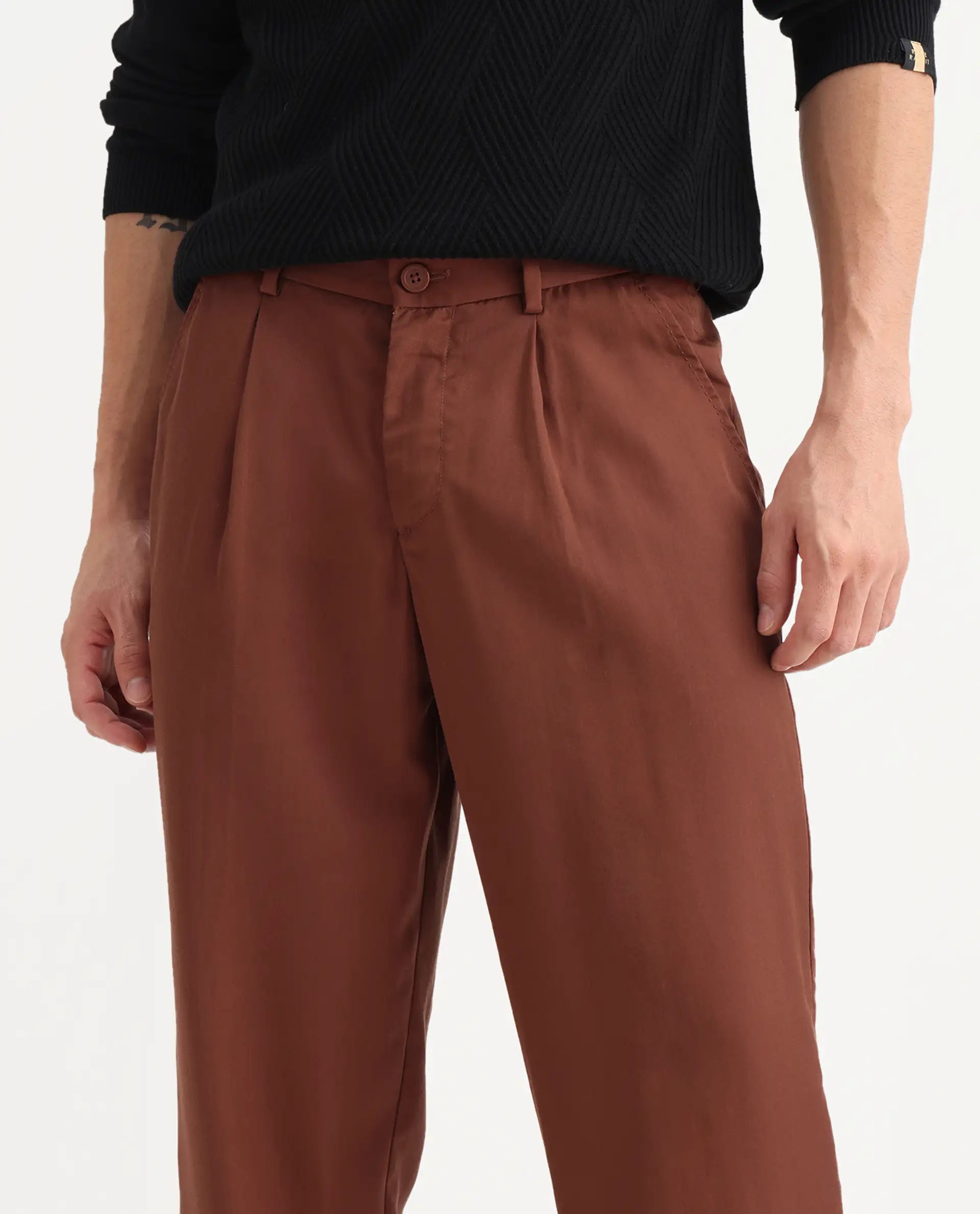 Rare Rabbit Men's Memos Rust Tencel Plain Regular Fit Trouser