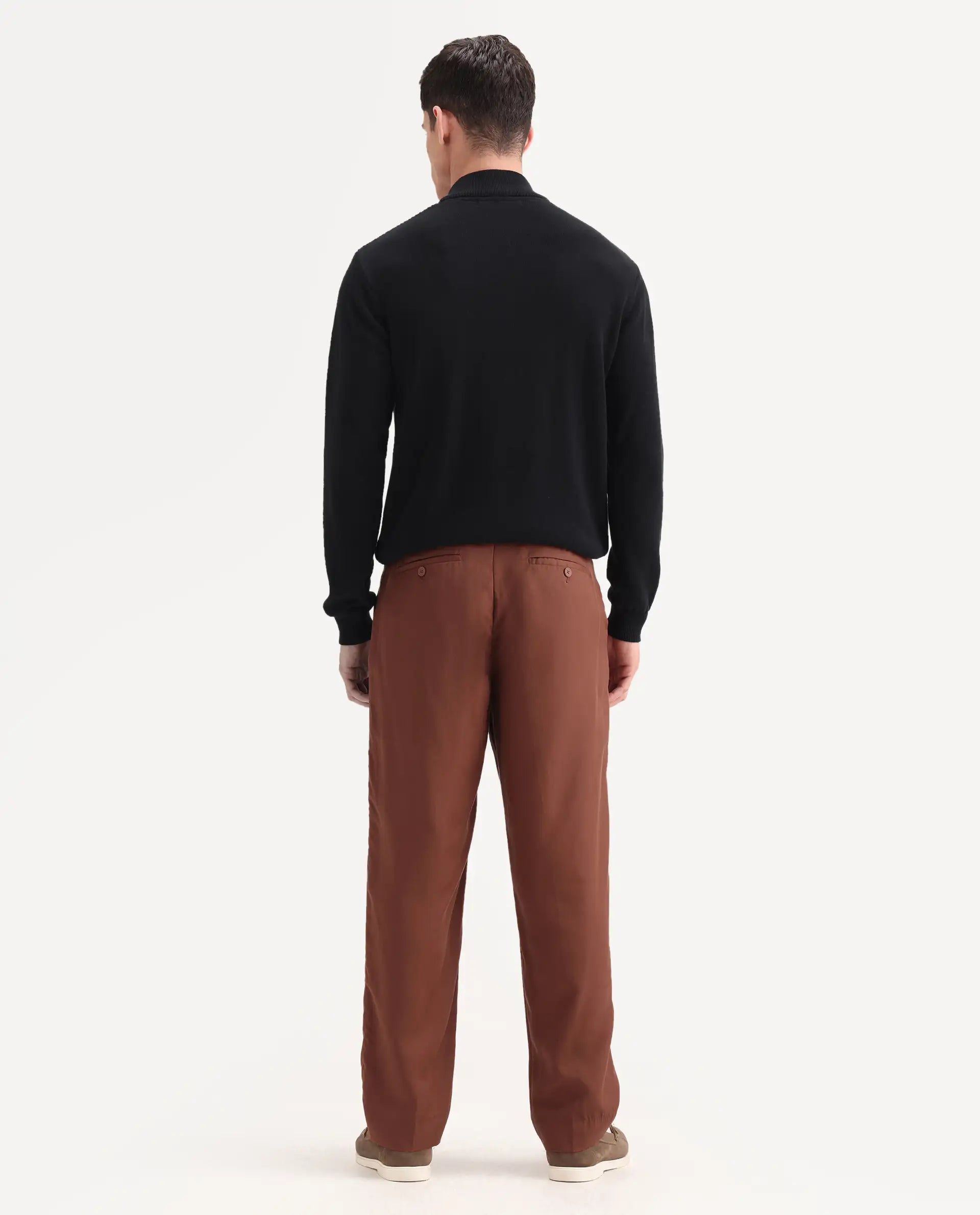 Rare Rabbit Men's Memos Rust Tencel Plain Regular Fit Trouser