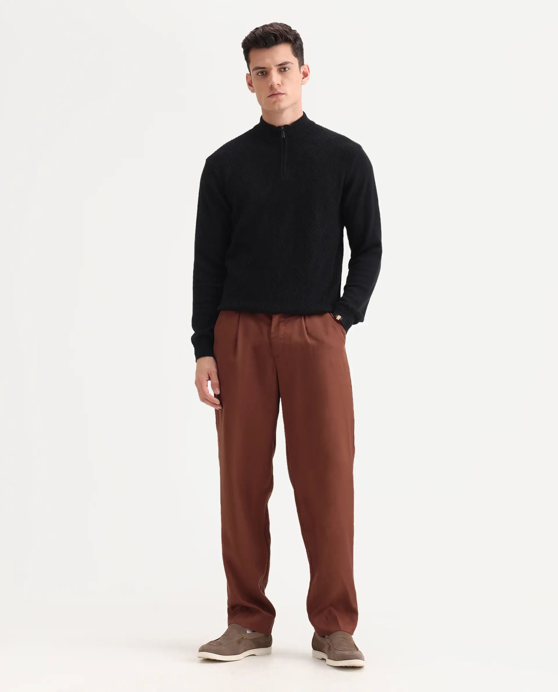 Rare Rabbit Men's Memos Rust Tencel Plain Regular Fit Trouser