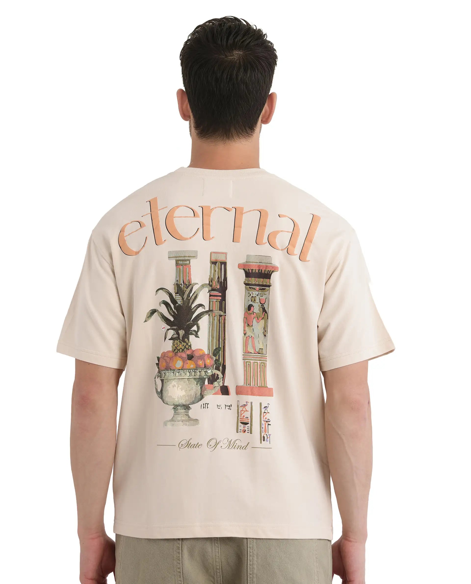 Rare Rabbit Men Mend Beige Cotton Fabric Short Sleeve Crew Neck Oversized Fit Graphic Backprint T-Shirt