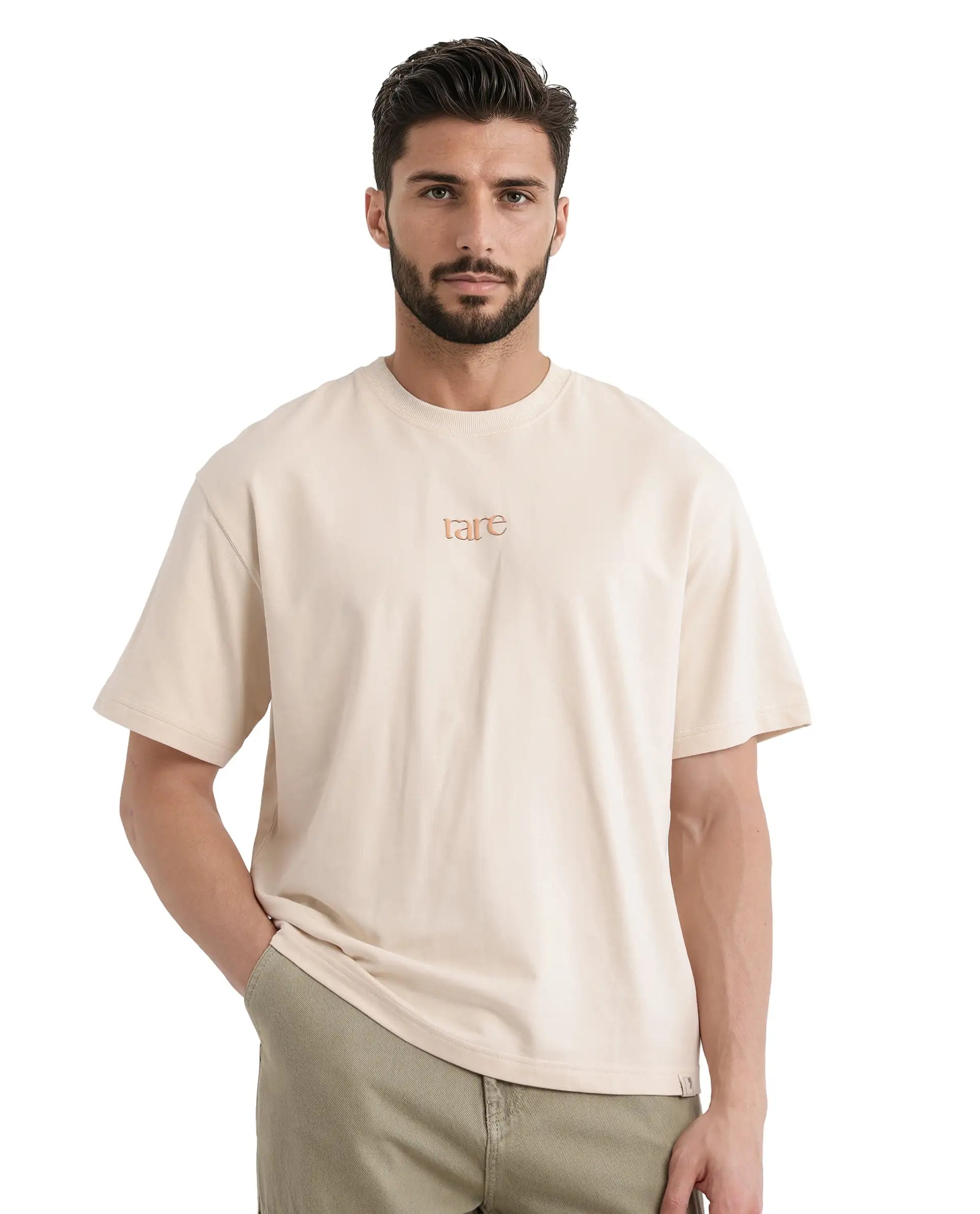 Rare Rabbit Men Mend Beige Cotton Fabric Short Sleeve Crew Neck Oversized Fit Graphic Backprint T-Shirt
