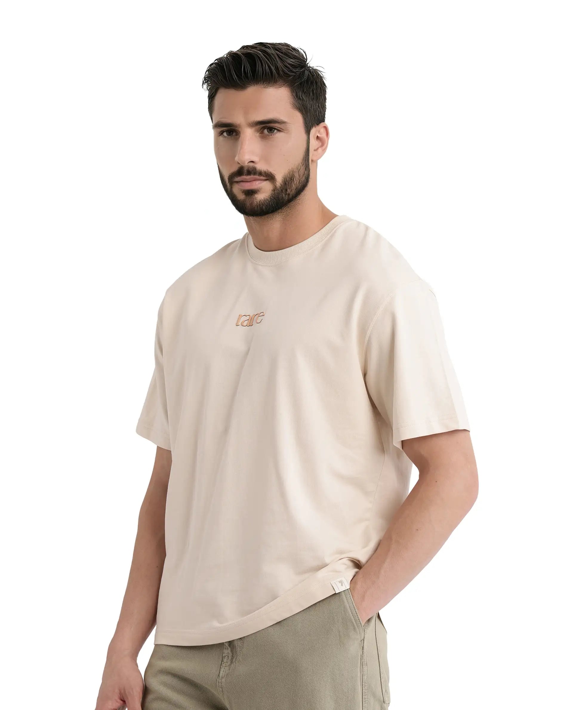 Rare Rabbit Men Mend Beige Cotton Fabric Short Sleeve Crew Neck Oversized Fit Graphic Backprint T-Shirt
