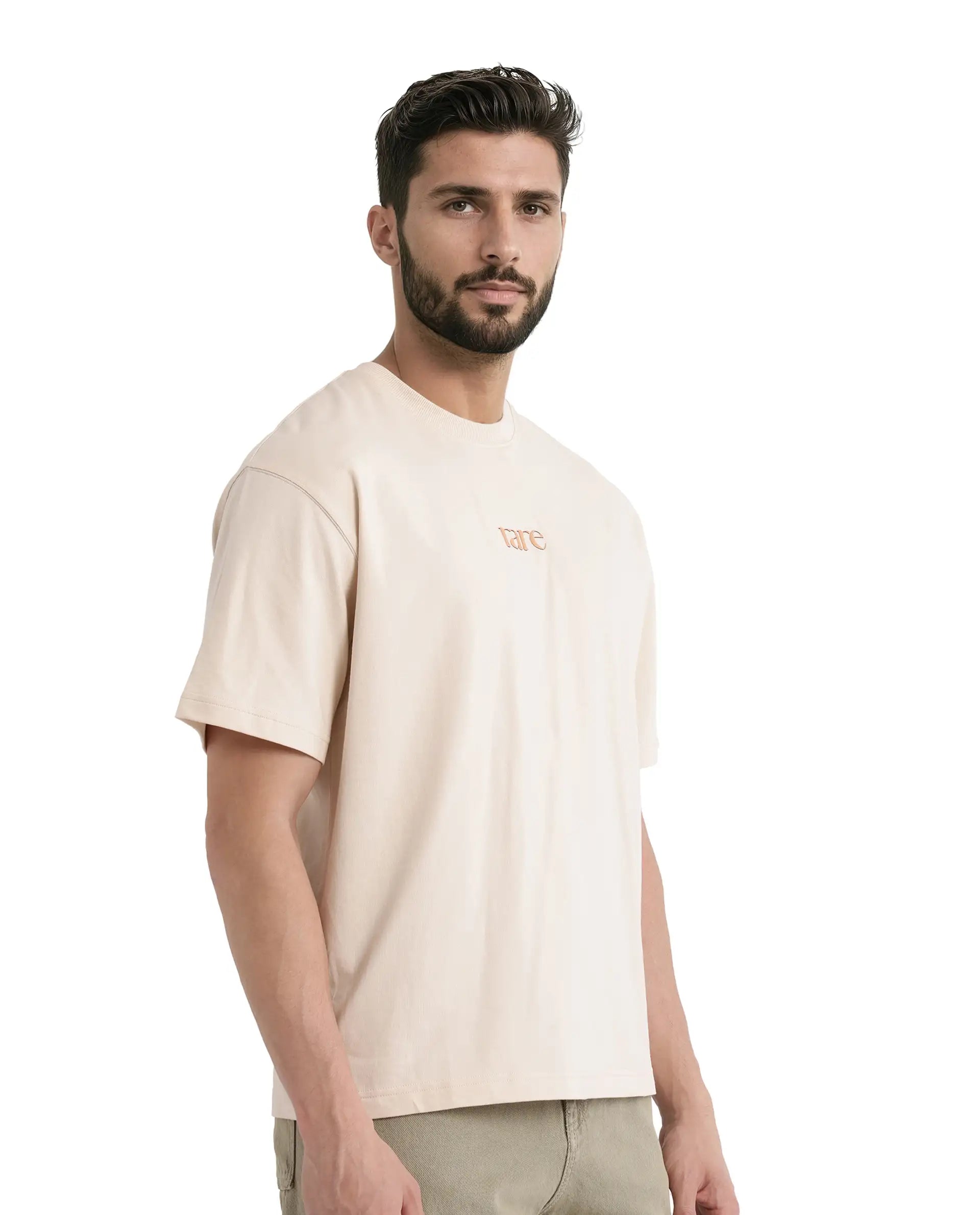 Rare Rabbit Men Mend Beige Cotton Fabric Short Sleeve Crew Neck Oversized Fit Graphic Backprint T-Shirt