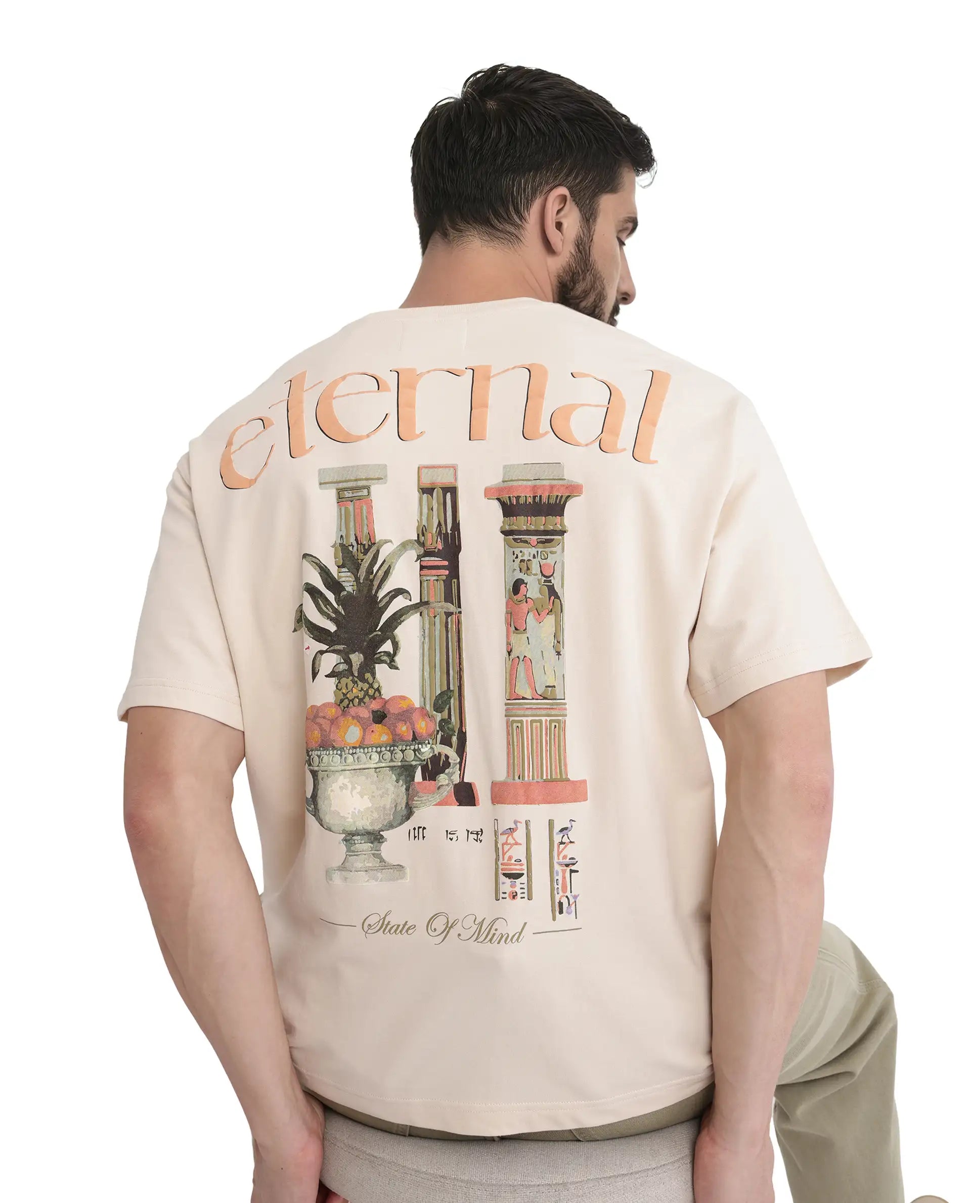 Rare Rabbit Men Mend Beige Cotton Fabric Short Sleeve Crew Neck Oversized Fit Graphic Backprint T-Shirt