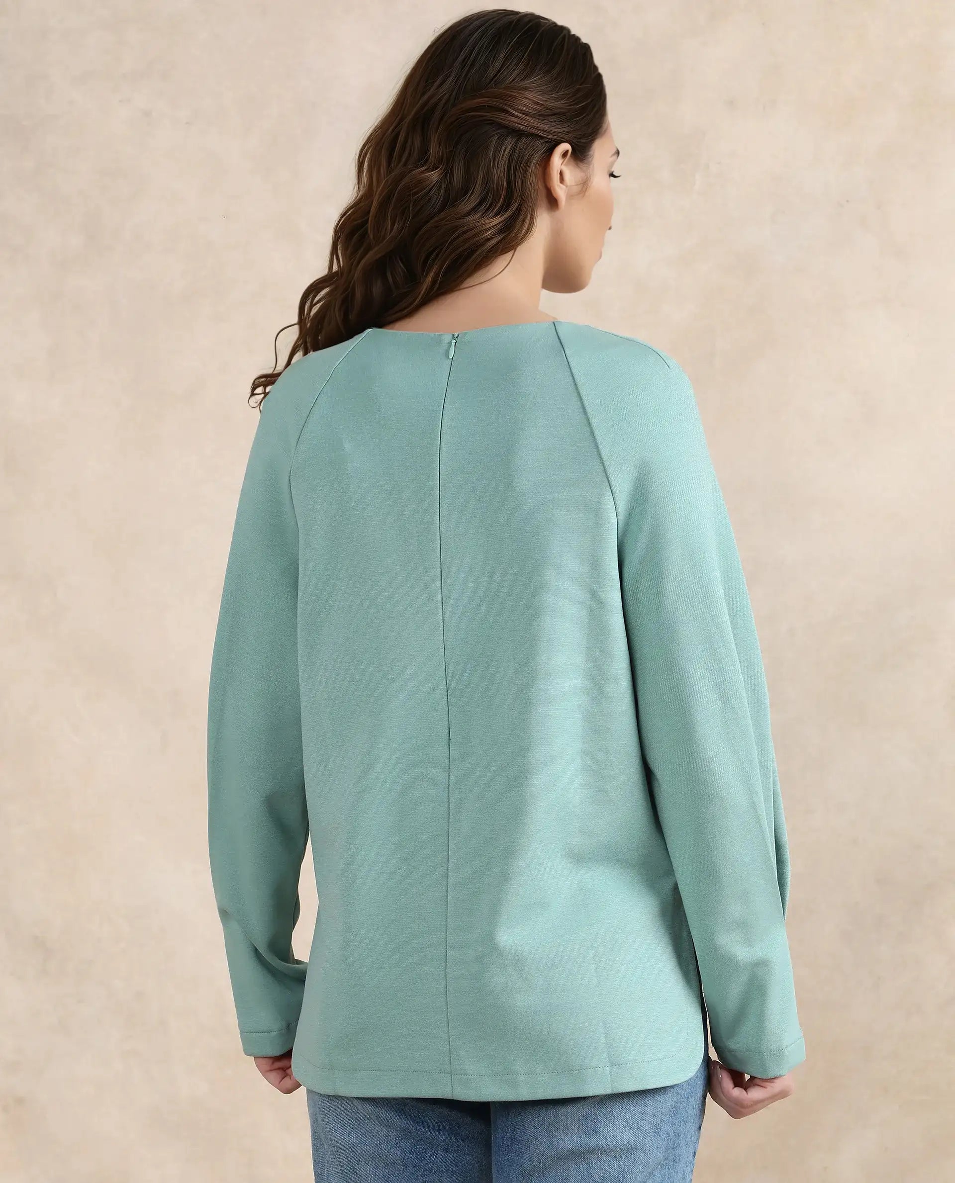 Rareism Women Mento Dusky Green Cotton Viscose Fabric Full Sleeve Round Neck Relaxed Fit Plain Sweatshirt