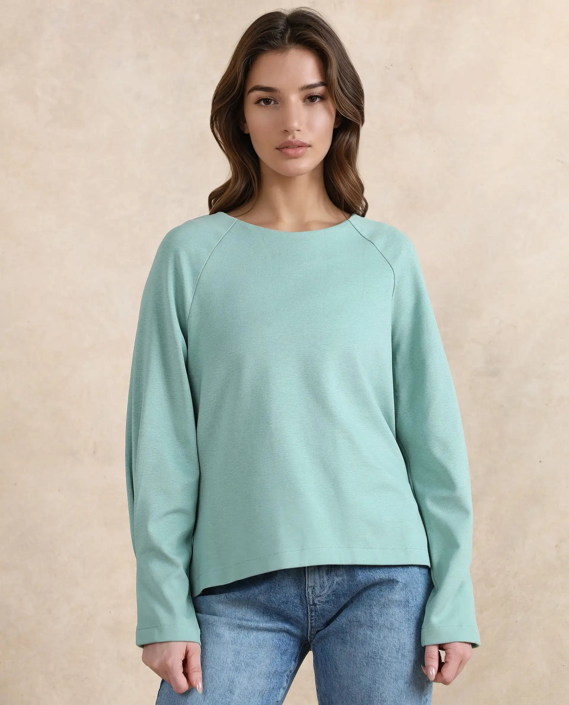 Rareism Women Mento Dusky Green Cotton Viscose Fabric Full Sleeve Round Neck Relaxed Fit Plain Sweatshirt