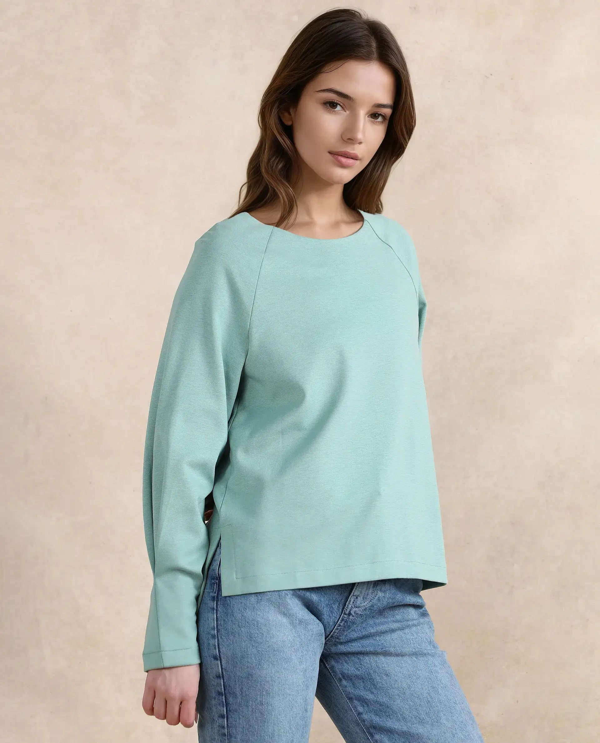 Rareism Women Mento Dusky Green Cotton Viscose Fabric Full Sleeve Round Neck Relaxed Fit Plain Sweatshirt