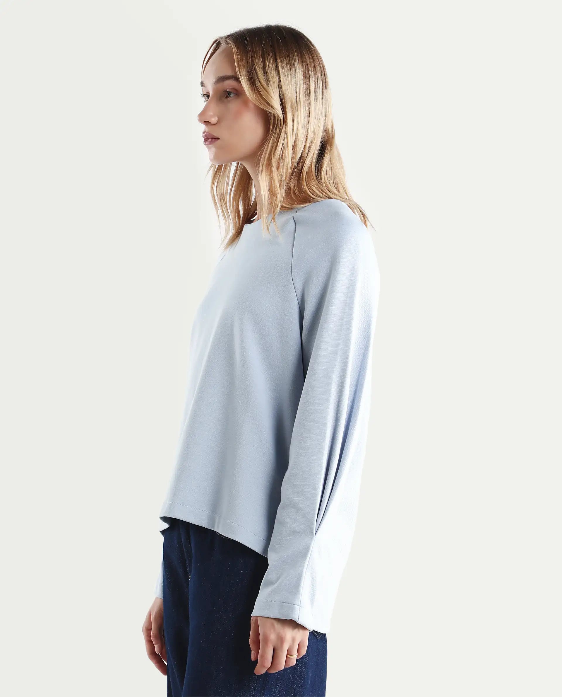 Rareism Women's Men'sto Light Blue Cotton Blend Crew Neck Plain Relaxed Fit Sweatshirt