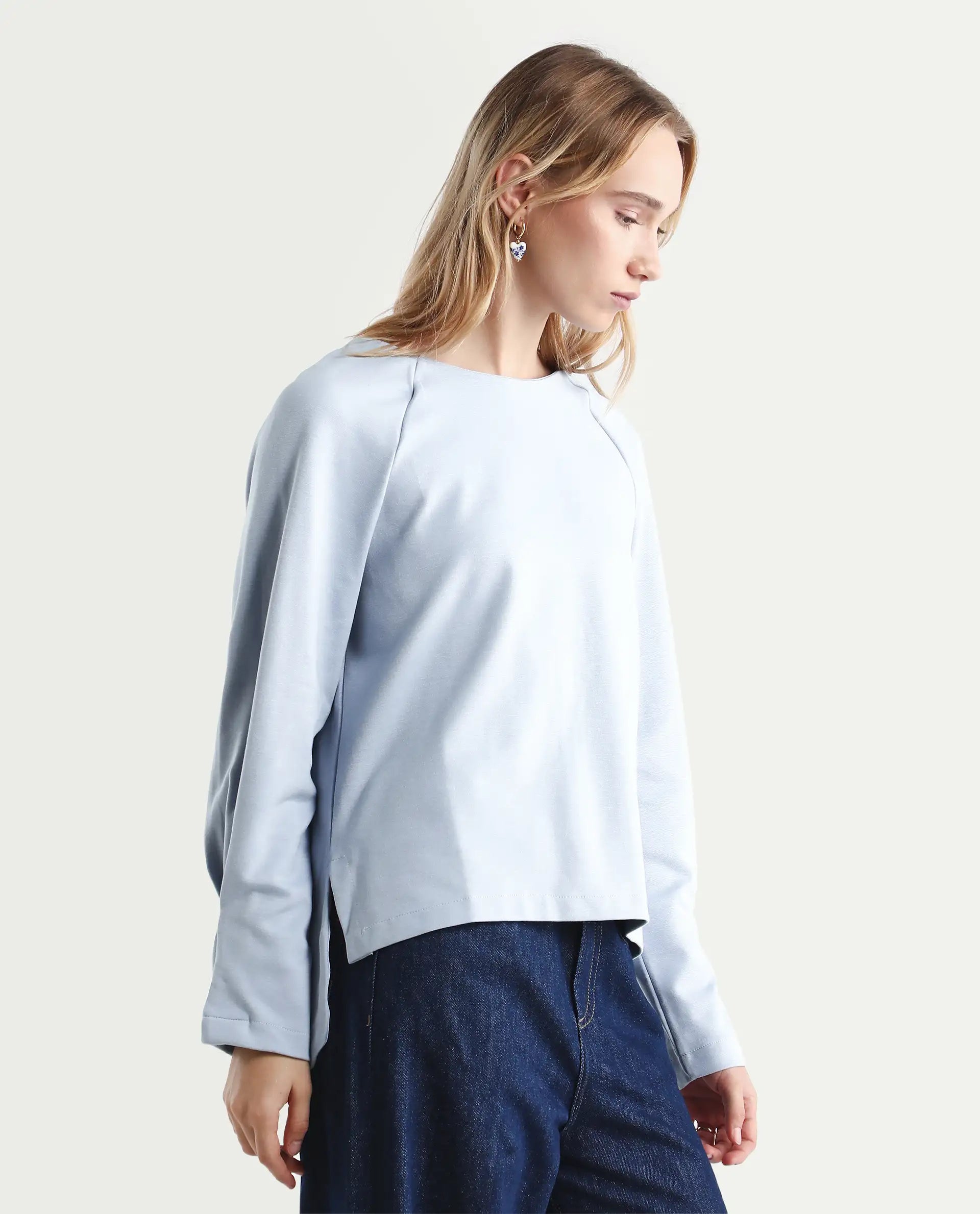 Rareism Women's Men'sto Light Blue Cotton Blend Crew Neck Plain Relaxed Fit Sweatshirt