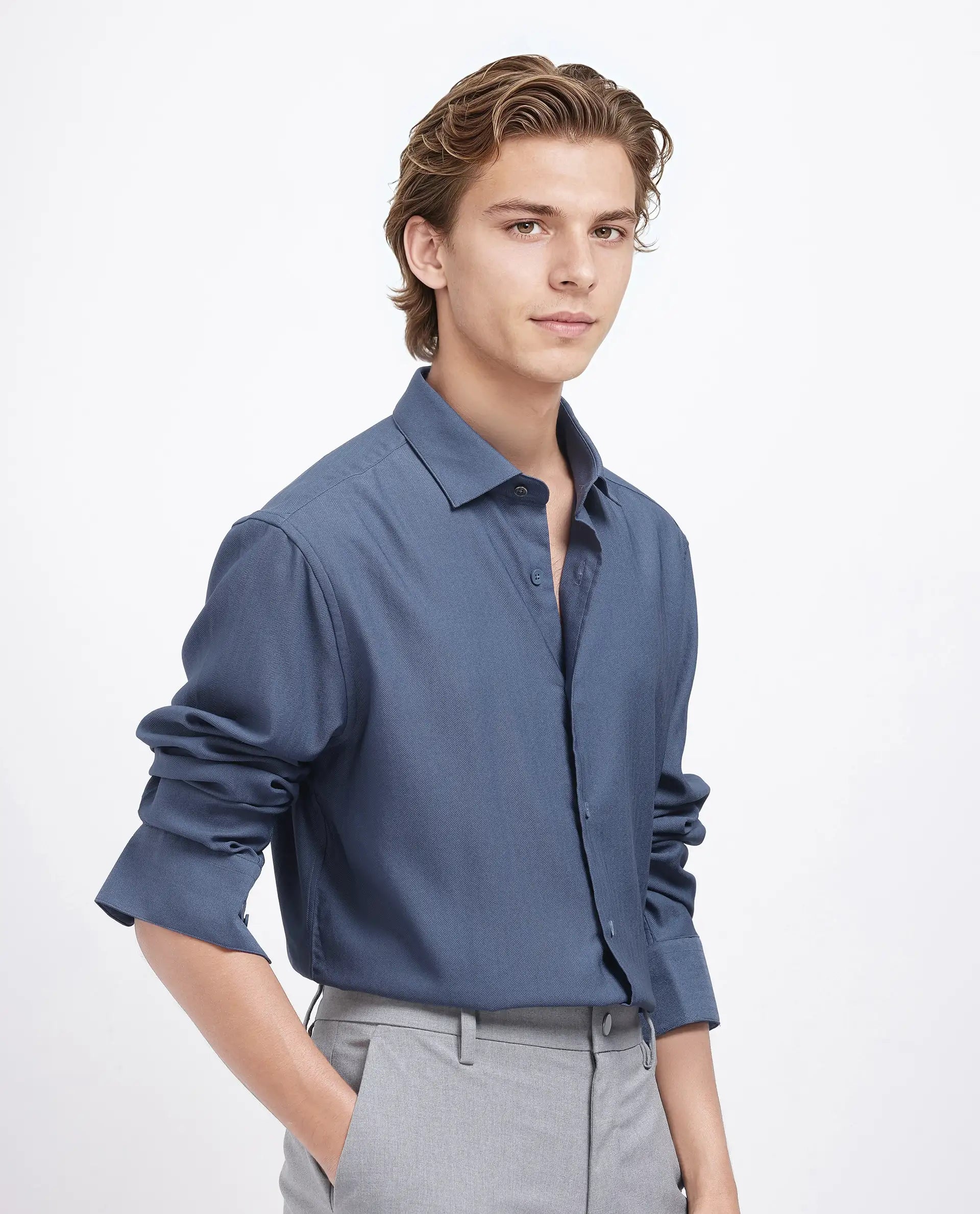 Rare Rabbit Men Mer-25 Dusky Blue Viscose Poly Fabric Full Sleeve Collared Neck Regular Fit Woven Design Shirt