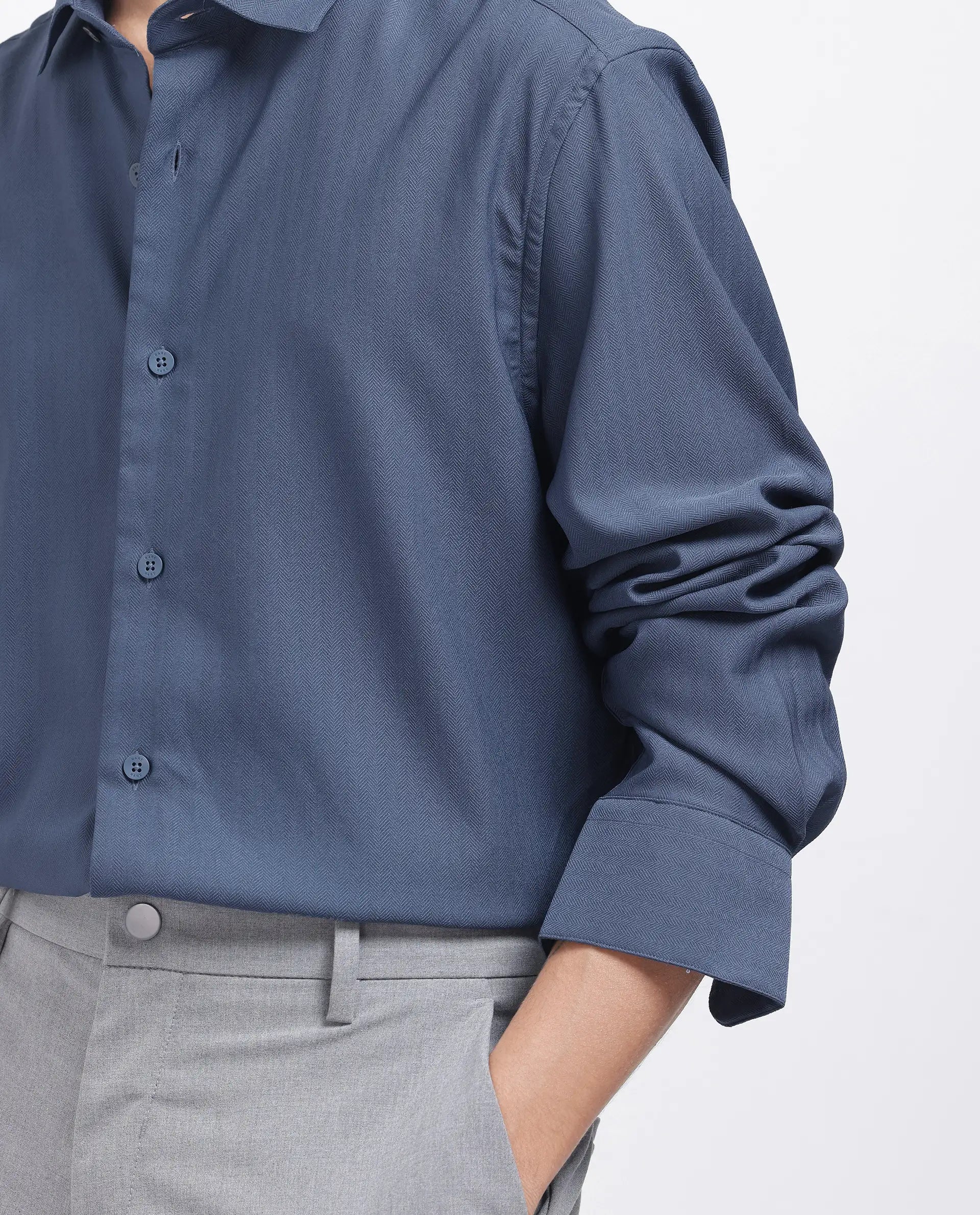 Rare Rabbit Men Mer-25 Dusky Blue Viscose Poly Fabric Full Sleeve Collared Neck Regular Fit Woven Design Shirt