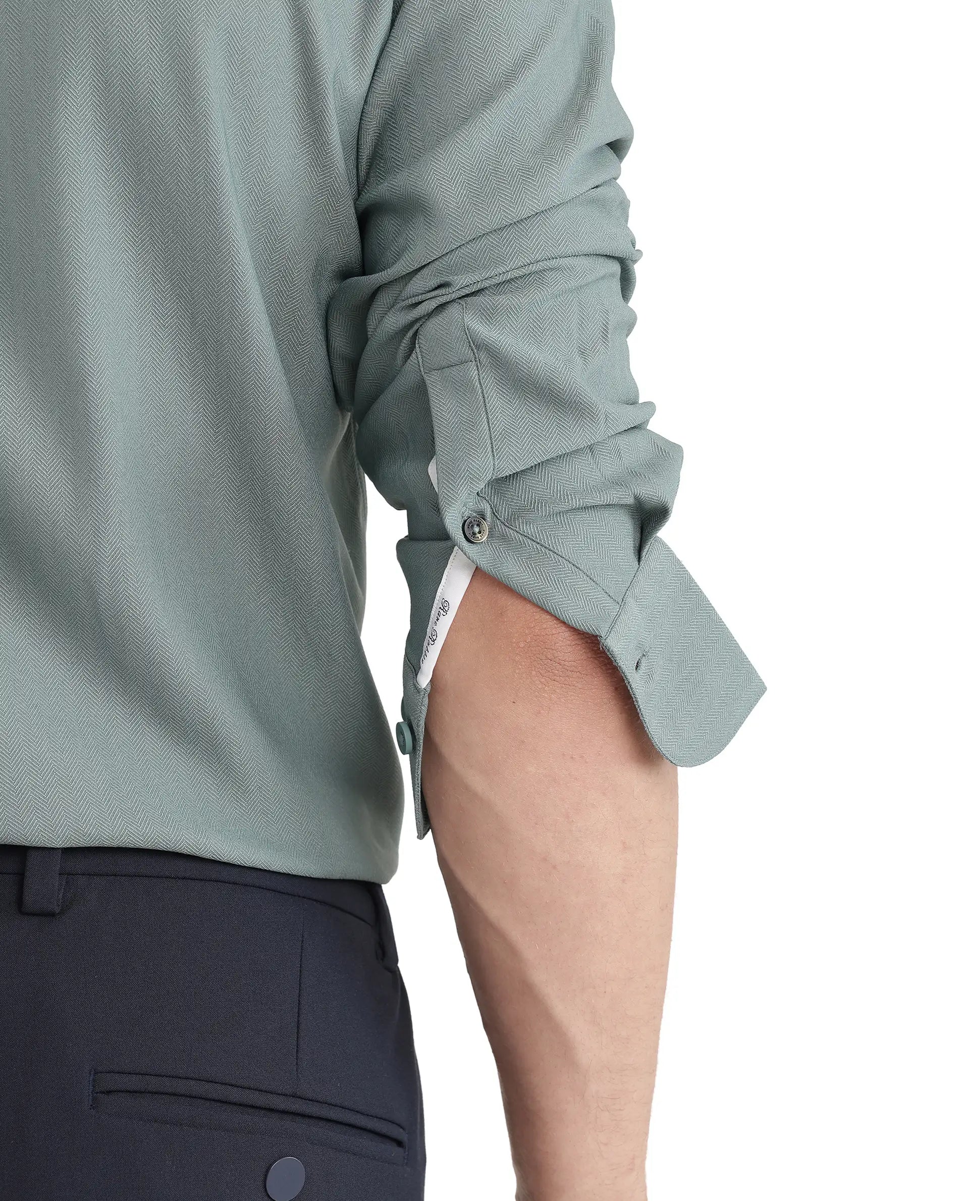 Rare Rabbit Men Mer-25 Dusky Green Viscose Poly Fabric Full Sleeves Collared Neck Button Closure Woven Design Shirt