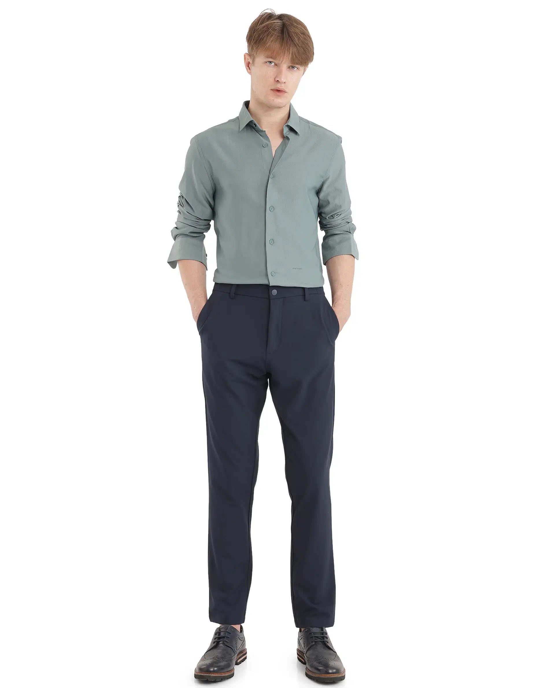 Rare Rabbit Men Mer-25 Dusky Green Viscose Poly Fabric Full Sleeves Collared Neck Button Closure Woven Design Shirt