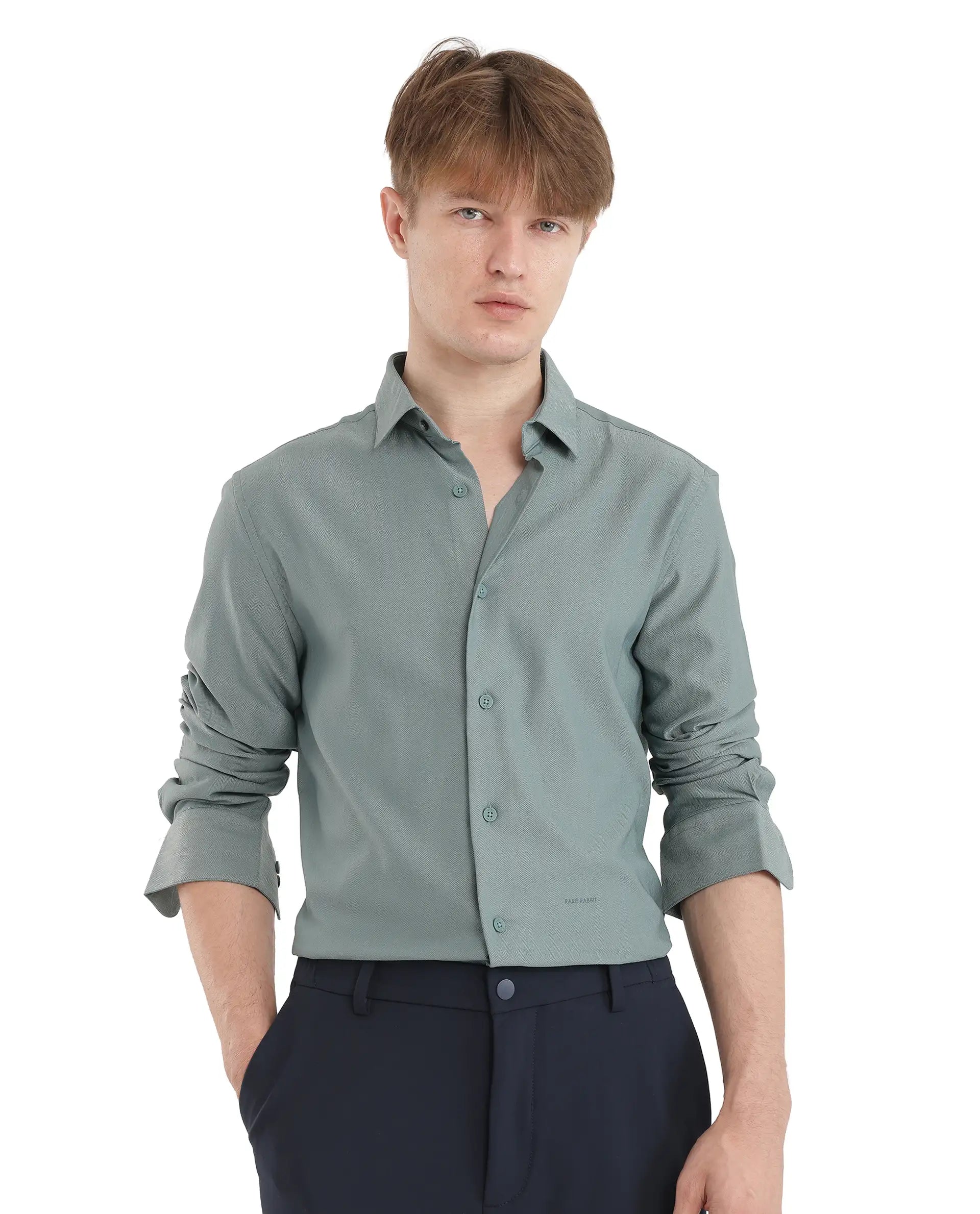 Rare Rabbit Men Mer-25 Dusky Green Viscose Poly Fabric Full Sleeves Collared Neck Button Closure Woven Design Shirt
