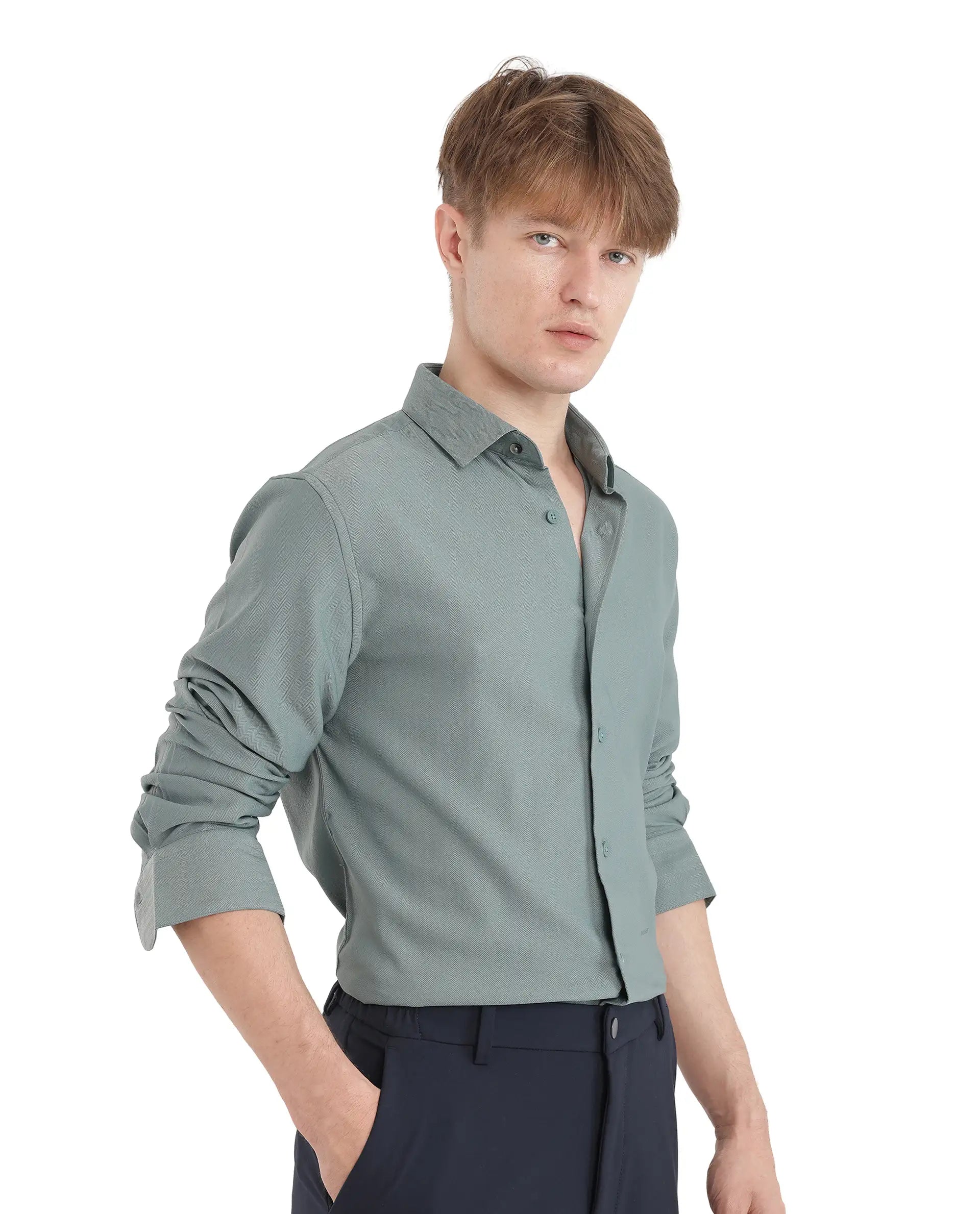 Rare Rabbit Men Mer-25 Dusky Green Viscose Poly Fabric Full Sleeves Collared Neck Button Closure Woven Design Shirt