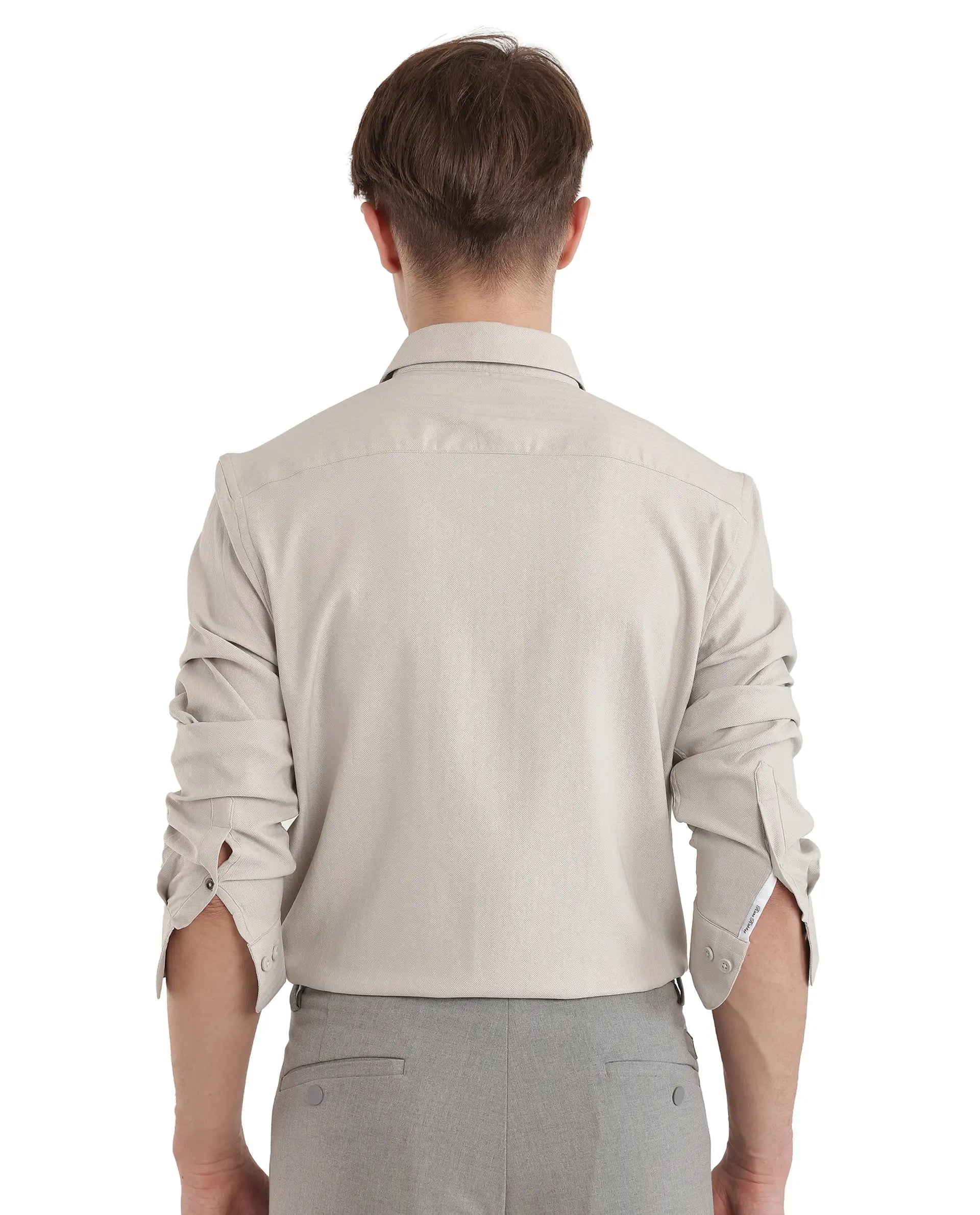 Rare Rabbit Men Mer-25 Light Grey Viscose Poly Fabric Full Sleeve Collared Neck Regular Fit Woven Design Shirt