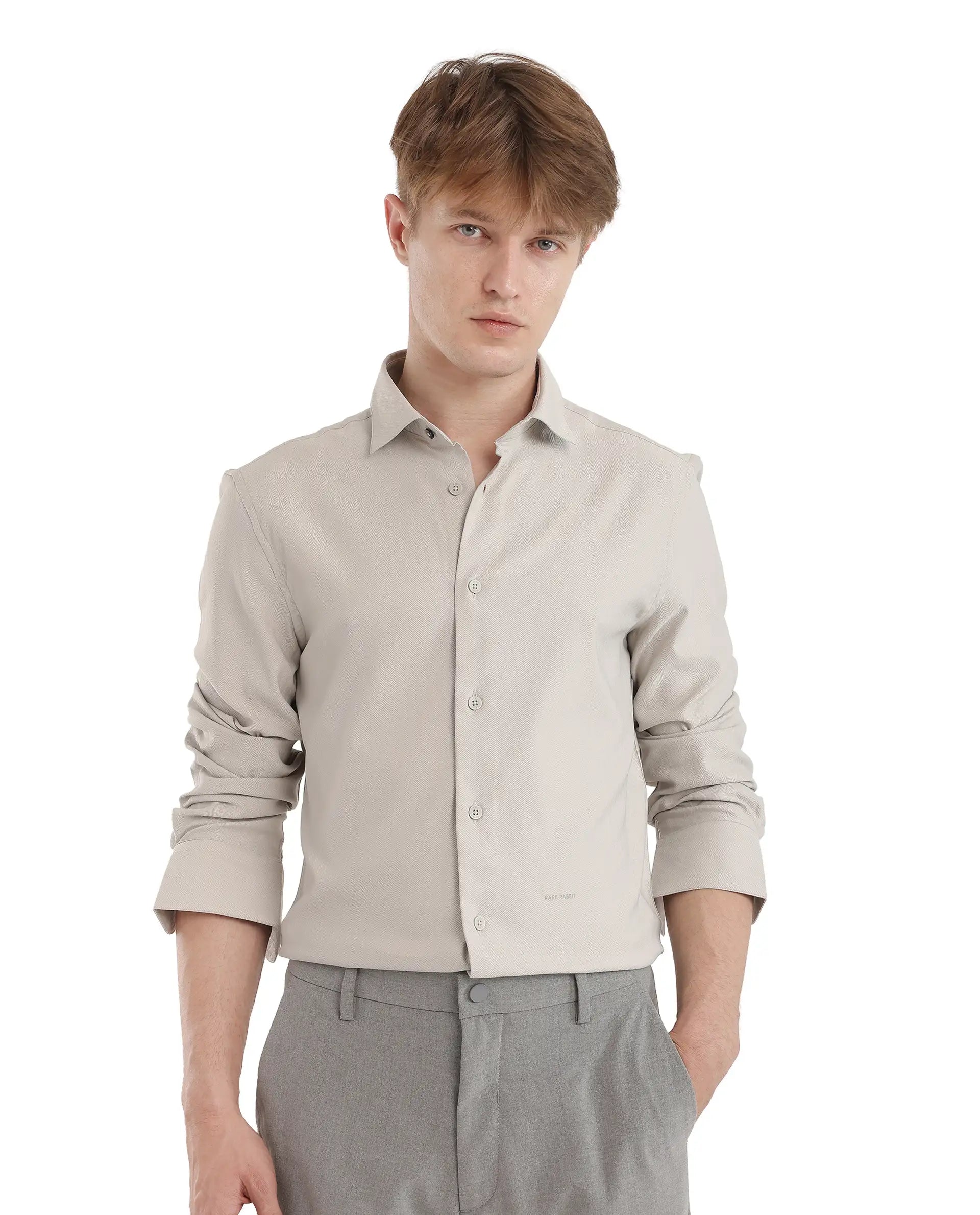 Rare Rabbit Men Mer-25 Light Grey Viscose Poly Fabric Full Sleeve Collared Neck Regular Fit Woven Design Shirt