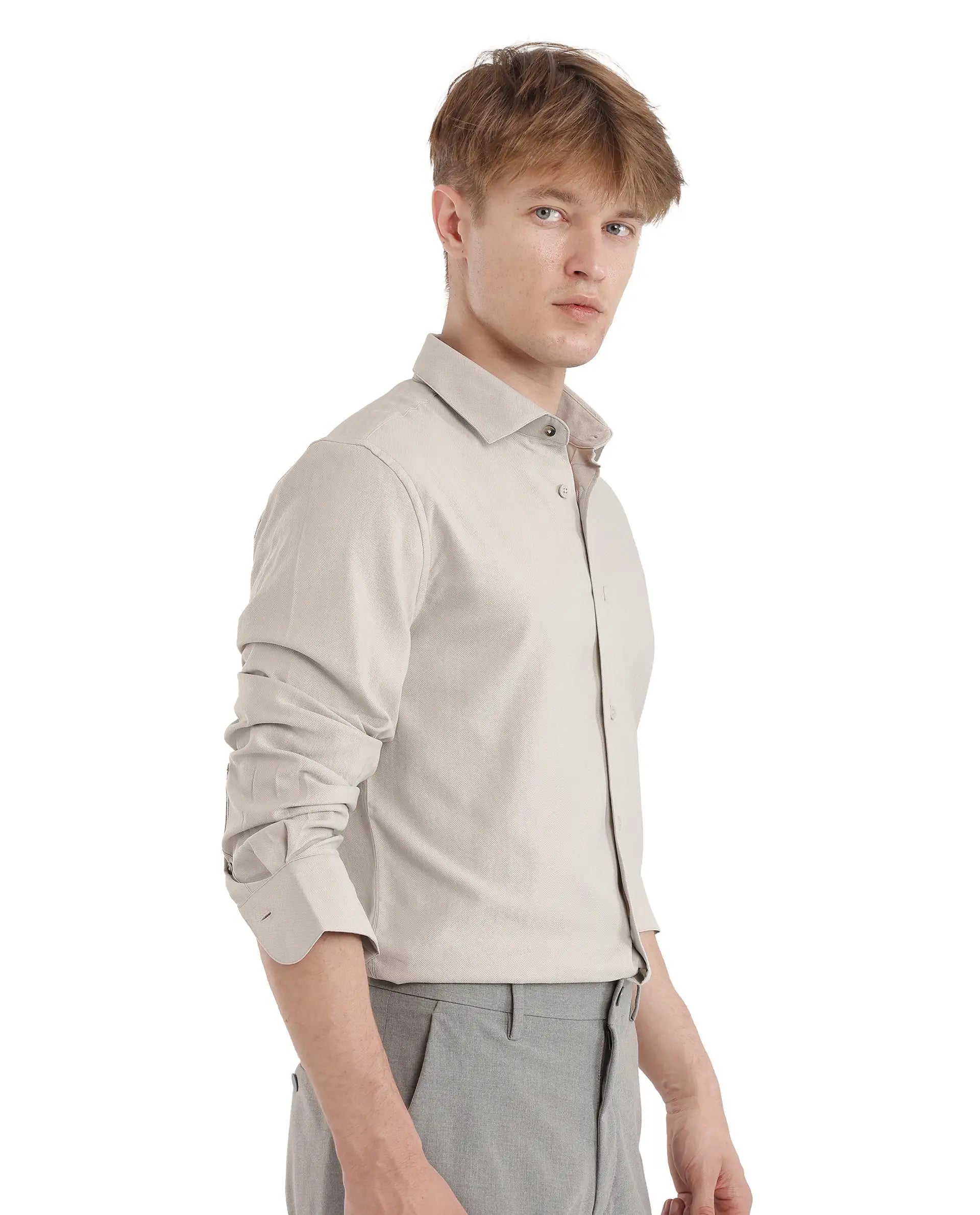 Rare Rabbit Men Mer-25 Light Grey Viscose Poly Fabric Full Sleeve Collared Neck Regular Fit Woven Design Shirt