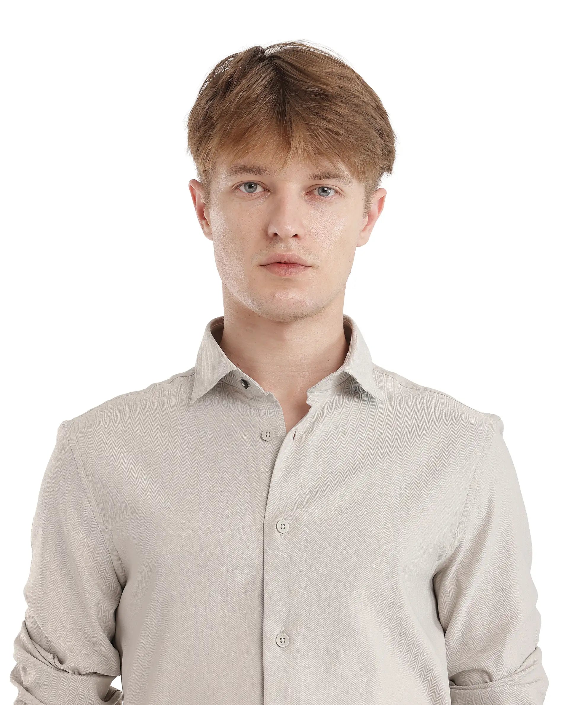 Rare Rabbit Men Mer-25 Light Grey Viscose Poly Fabric Full Sleeve Collared Neck Regular Fit Woven Design Shirt