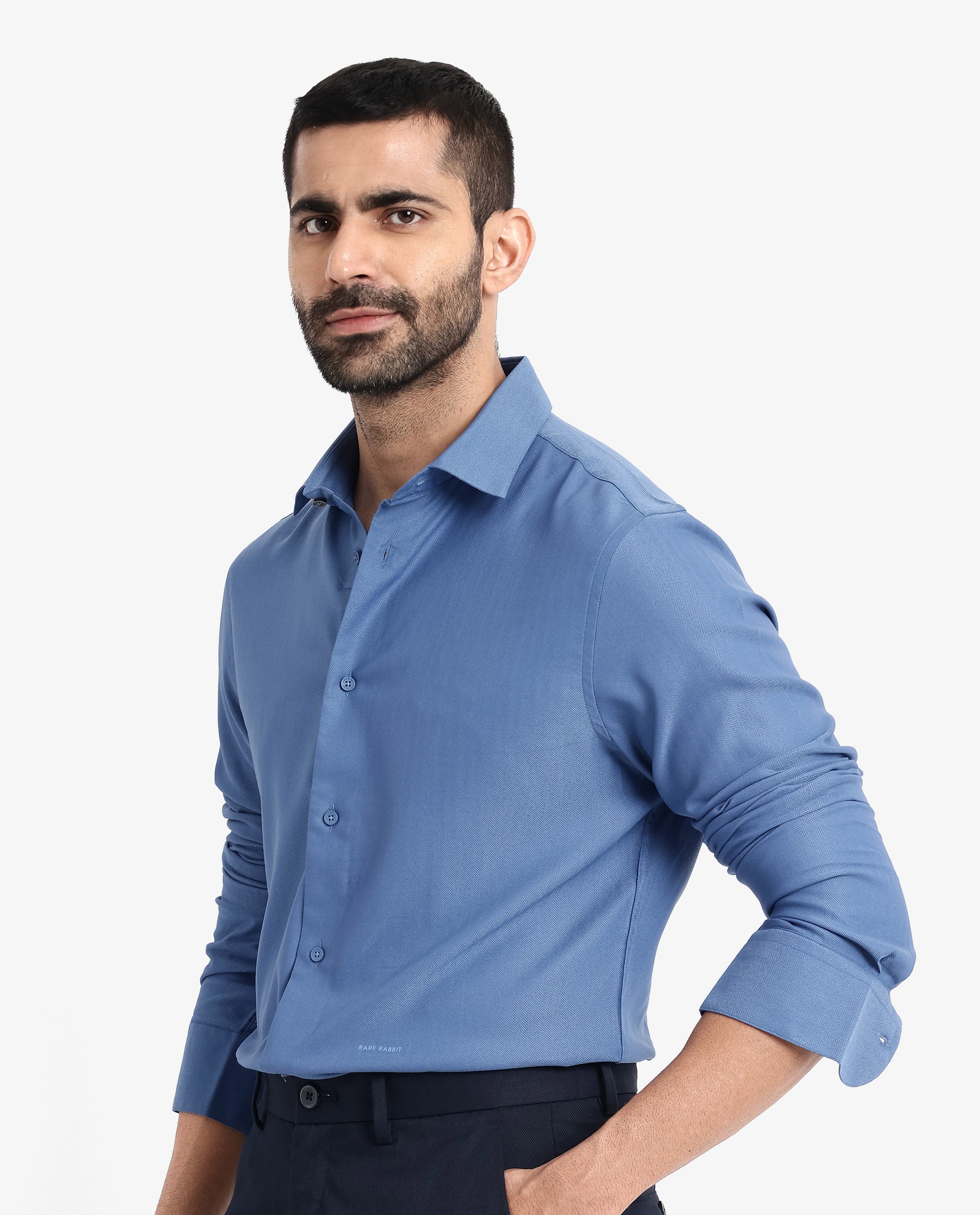 Rare Rabbit Men Mer Blue Viscose Polyester Lycra Fabric Full Sleeve Button Closure Regular Fit Herringbone Textured Shirt