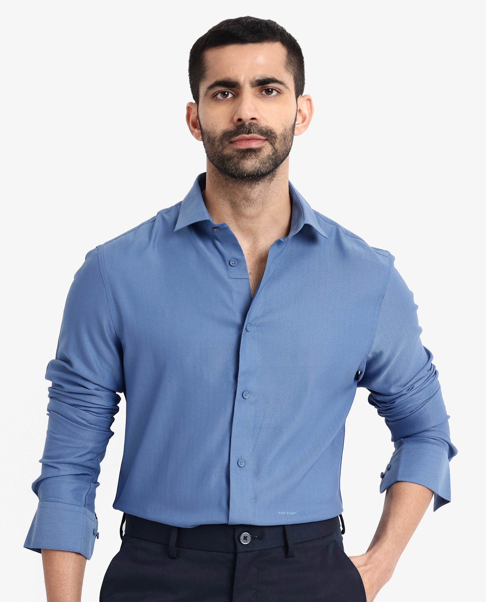 Rare Rabbit Men Mer Blue Viscose Polyester Lycra Fabric Full Sleeve Button Closure Regular Fit Herringbone Textured Shirt