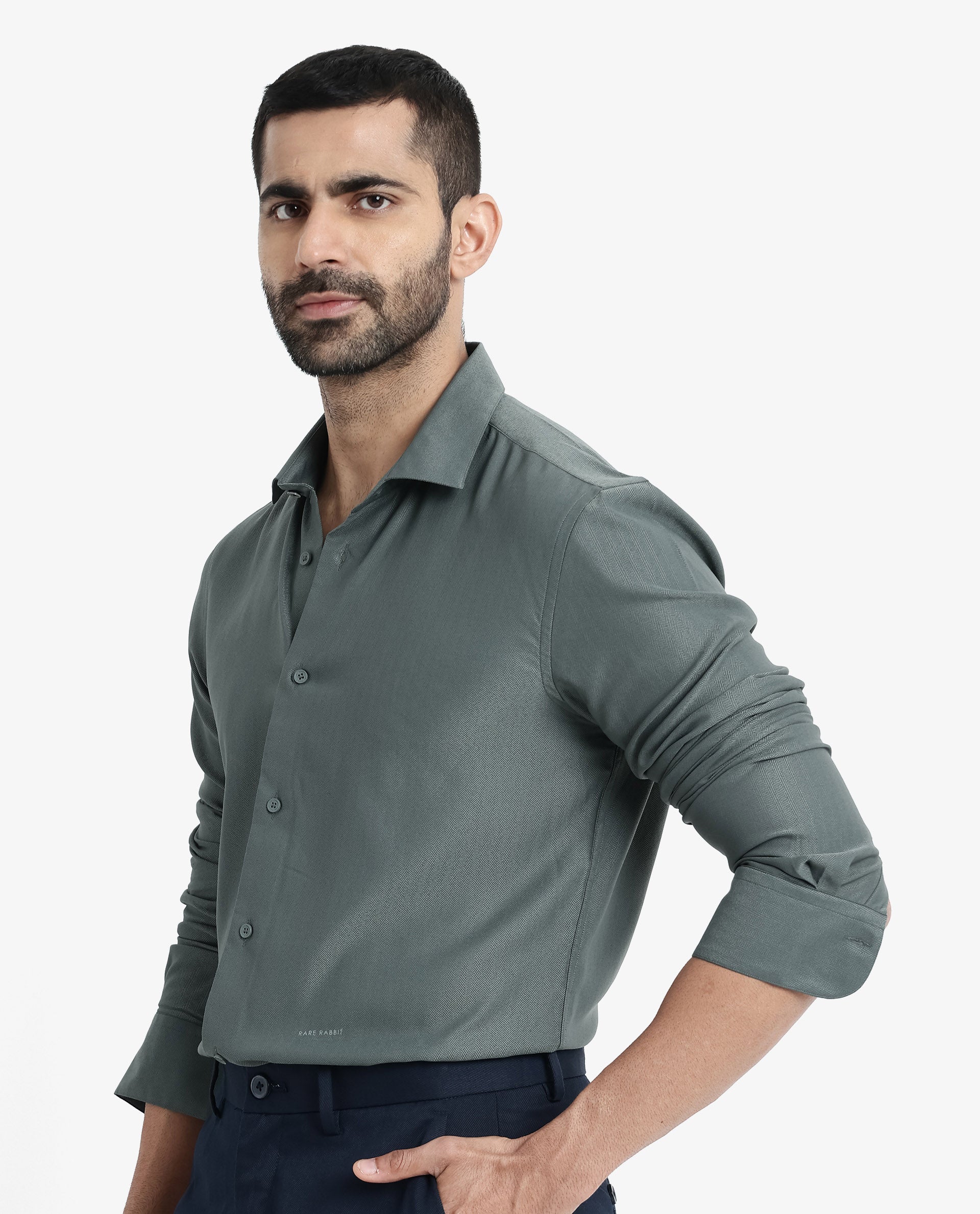 Rare Rabbit Men Mer Dusky Green Viscose Polyester Lycra Fabric Full Sleeve Button Closure Regular Fit Herringbone Textured Shirt