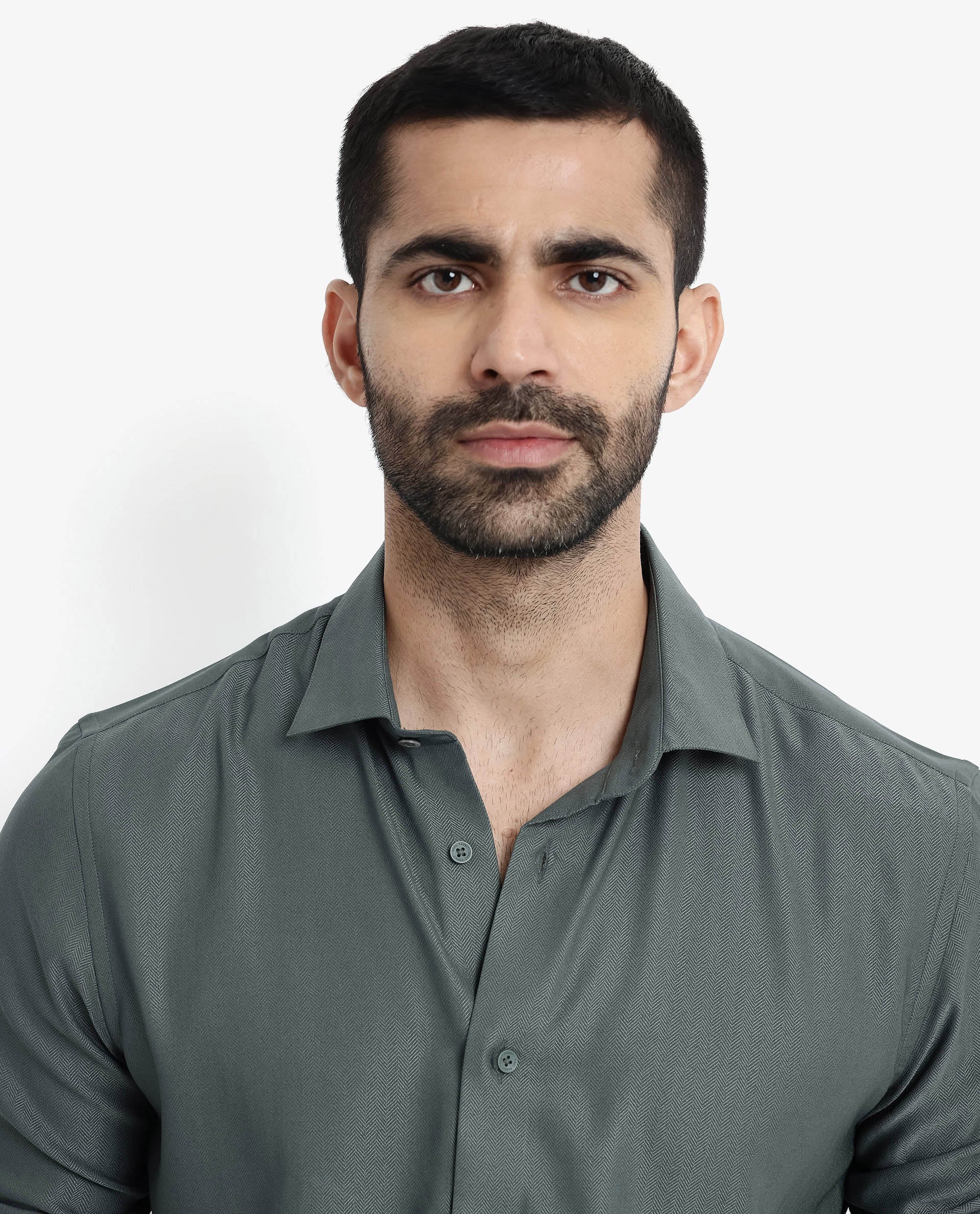 Rare Rabbit Men Mer Dusky Green Viscose Polyester Lycra Fabric Full Sleeve Button Closure Regular Fit Herringbone Textured Shirt