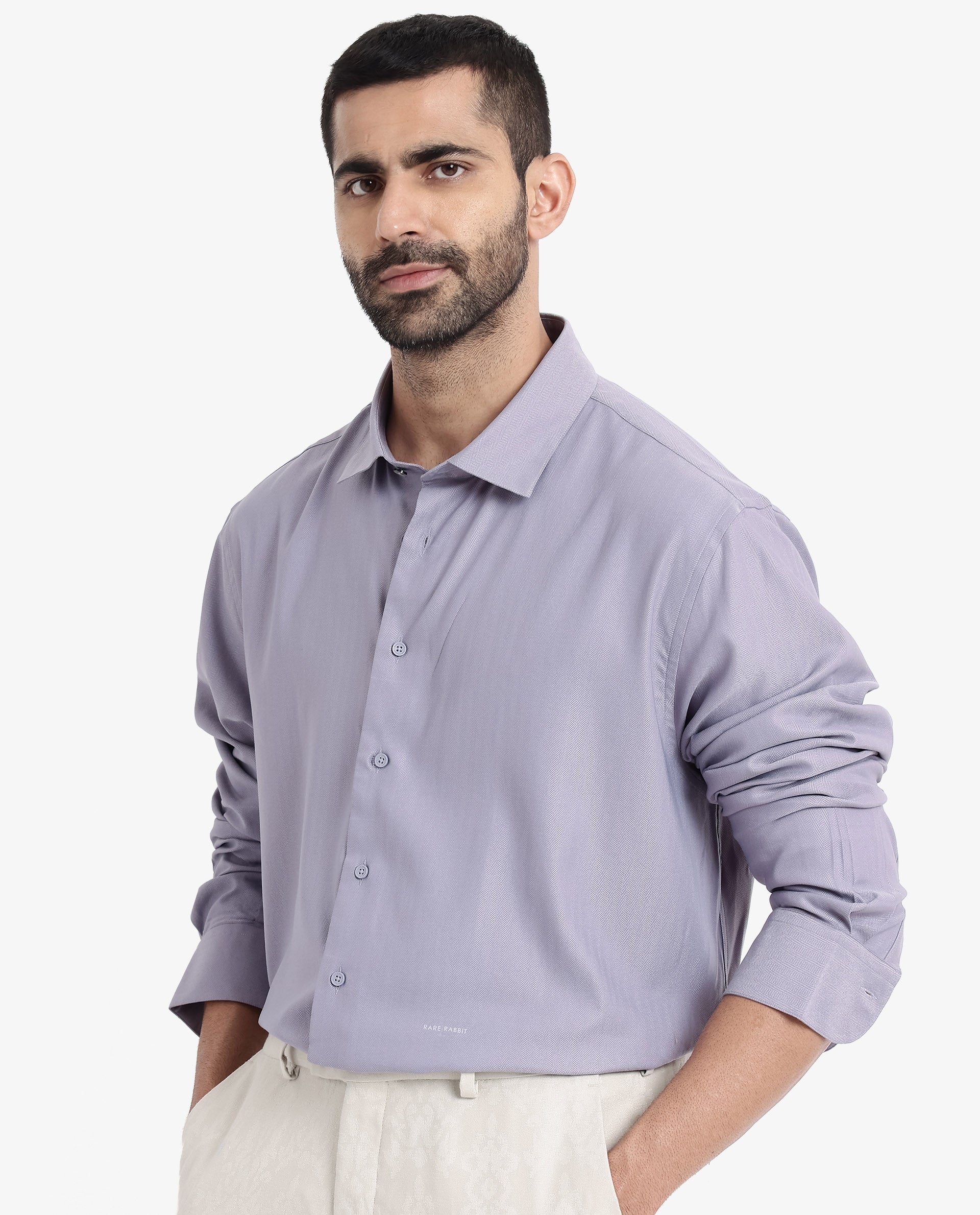 Rare Rabbit Men Mer Dusky Purple Viscose Polyester Lycra Fabric Full Sleeve Button Closure Regular Fit Herringbone Textured Shirt