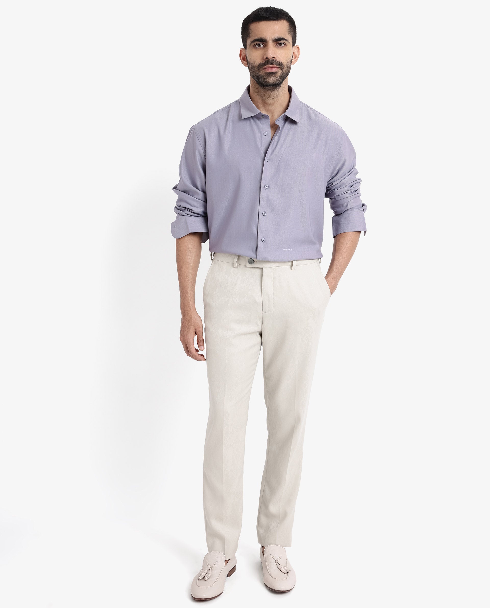 Rare Rabbit Men Mer Dusky Purple Viscose Polyester Lycra Fabric Full Sleeve Button Closure Regular Fit Herringbone Textured Shirt