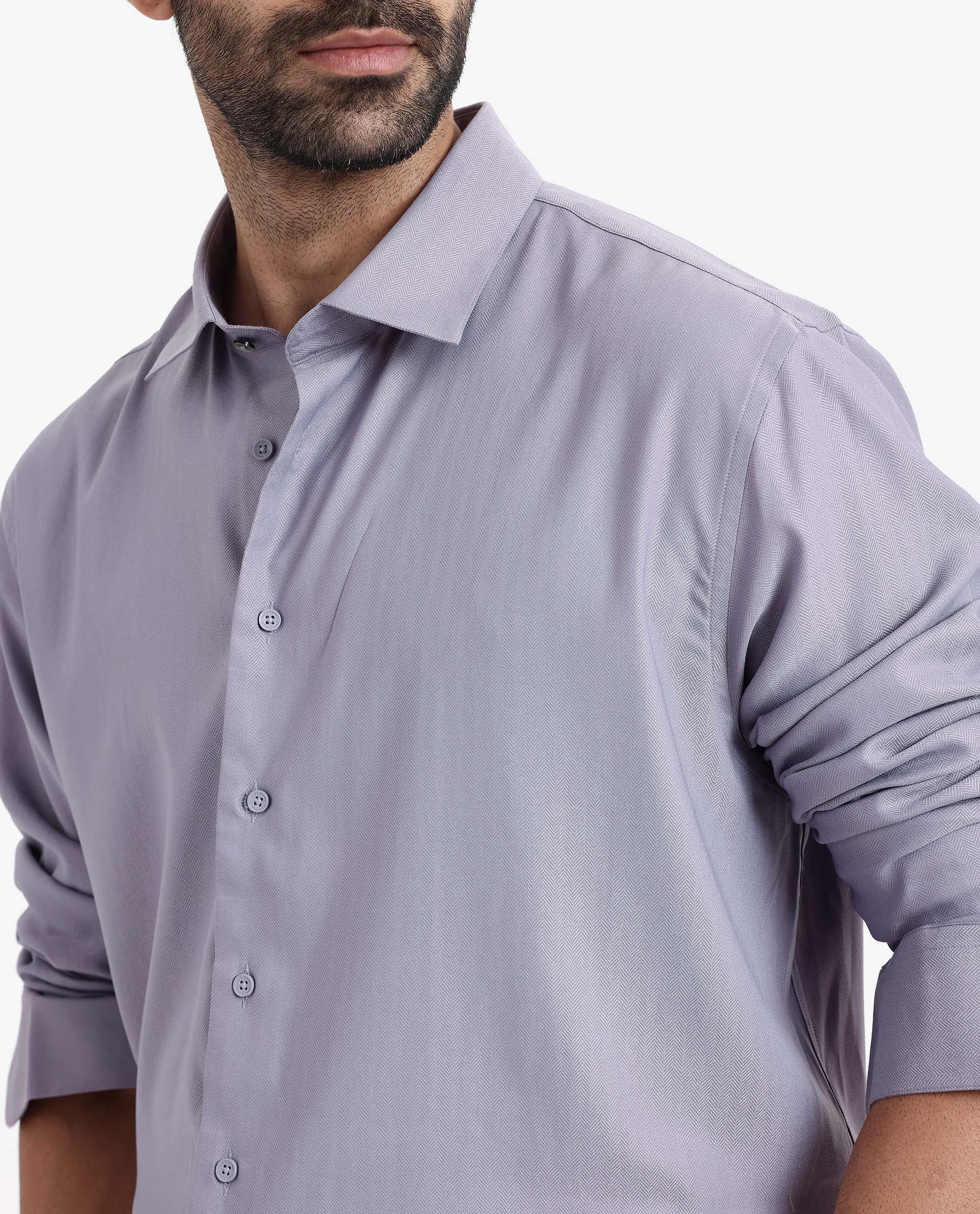 Rare Rabbit Men Mer Dusky Purple Viscose Polyester Lycra Fabric Full Sleeve Button Closure Regular Fit Herringbone Textured Shirt