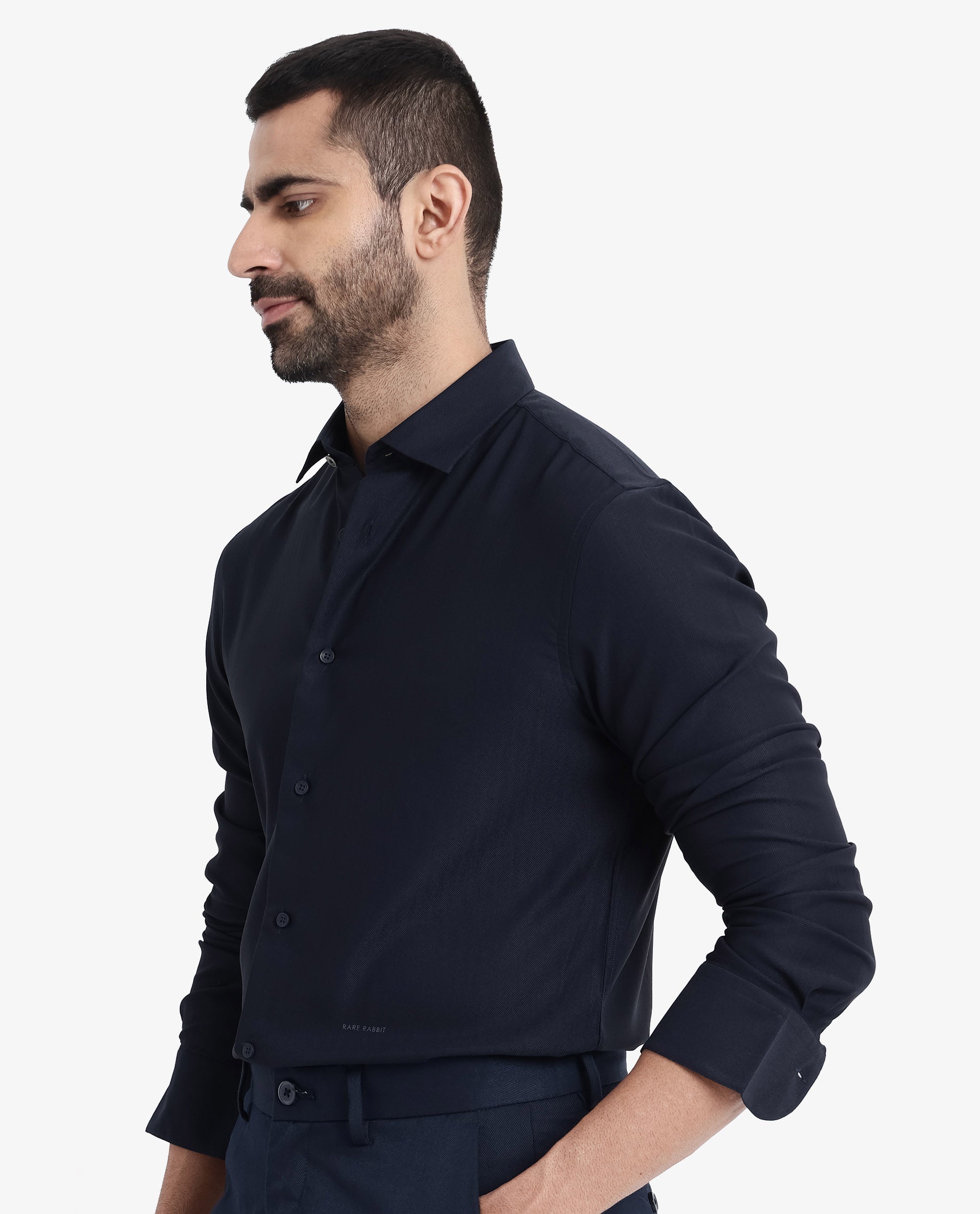 Rare Rabbit Men Mer Navy Viscose Polyester Lycra Fabric Full Sleeve Button Closure Regular Fit Herringbone Textured Shirt