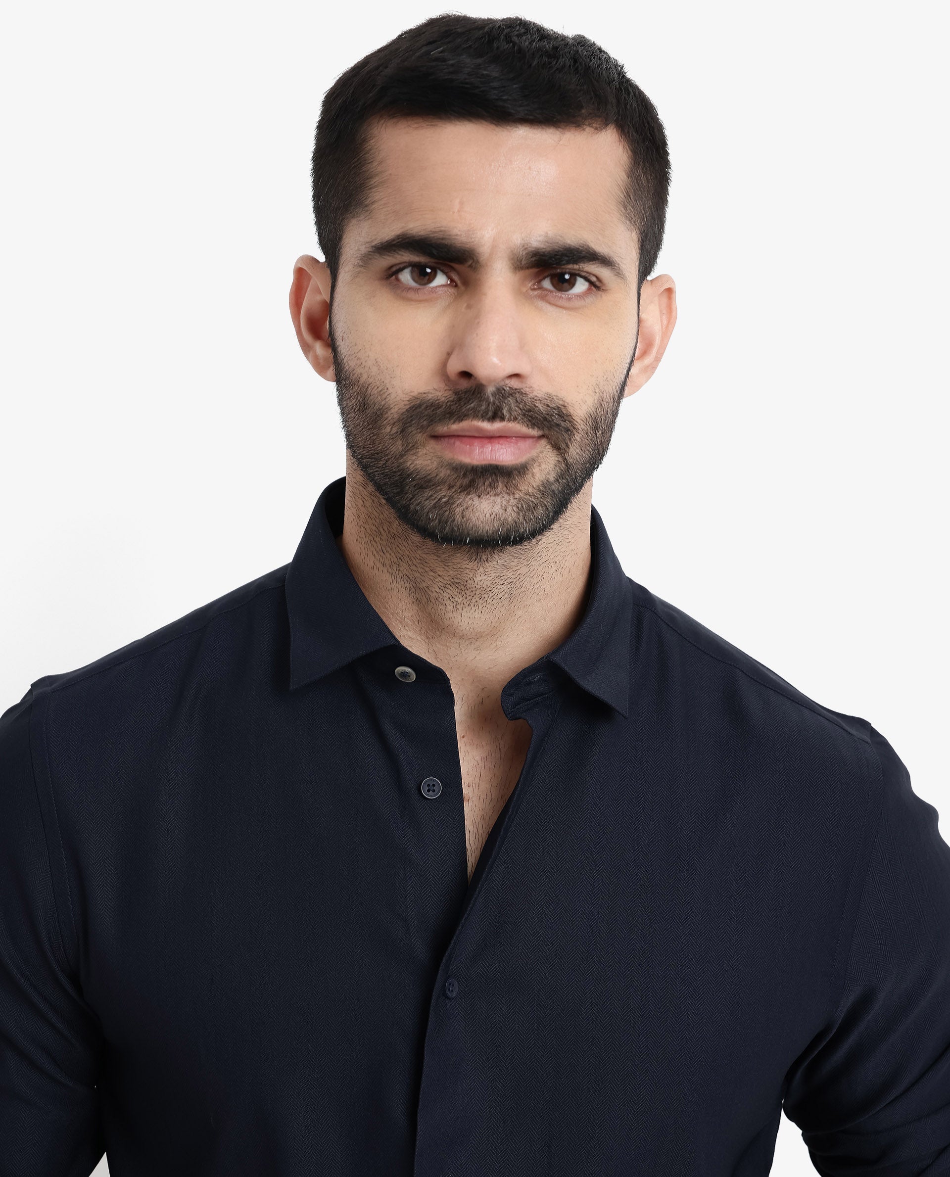 Rare Rabbit Men Mer Navy Viscose Polyester Lycra Fabric Full Sleeve Button Closure Regular Fit Herringbone Textured Shirt