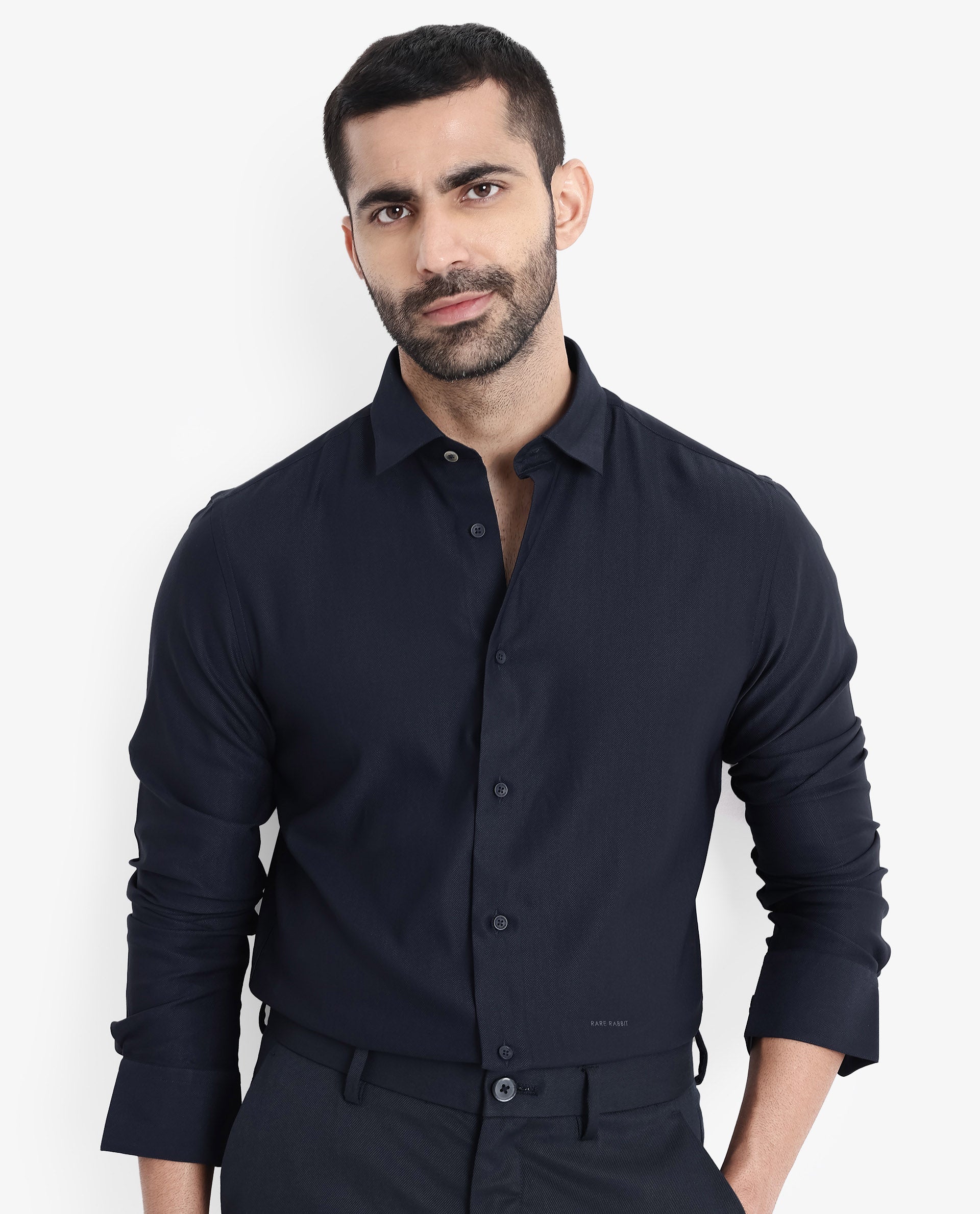 Rare Rabbit Men Mer Navy Viscose Polyester Lycra Fabric Full Sleeve Button Closure Regular Fit Herringbone Textured Shirt