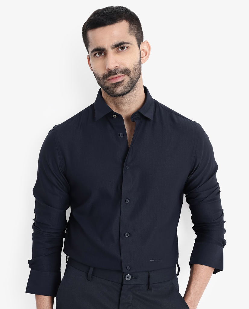Rare Rabbit Men Mer Dark Olive Viscose Polyester Lycra Fabric Full Sleeve Button Closure Regular Fit Herringbone Textured Shirt main image 0