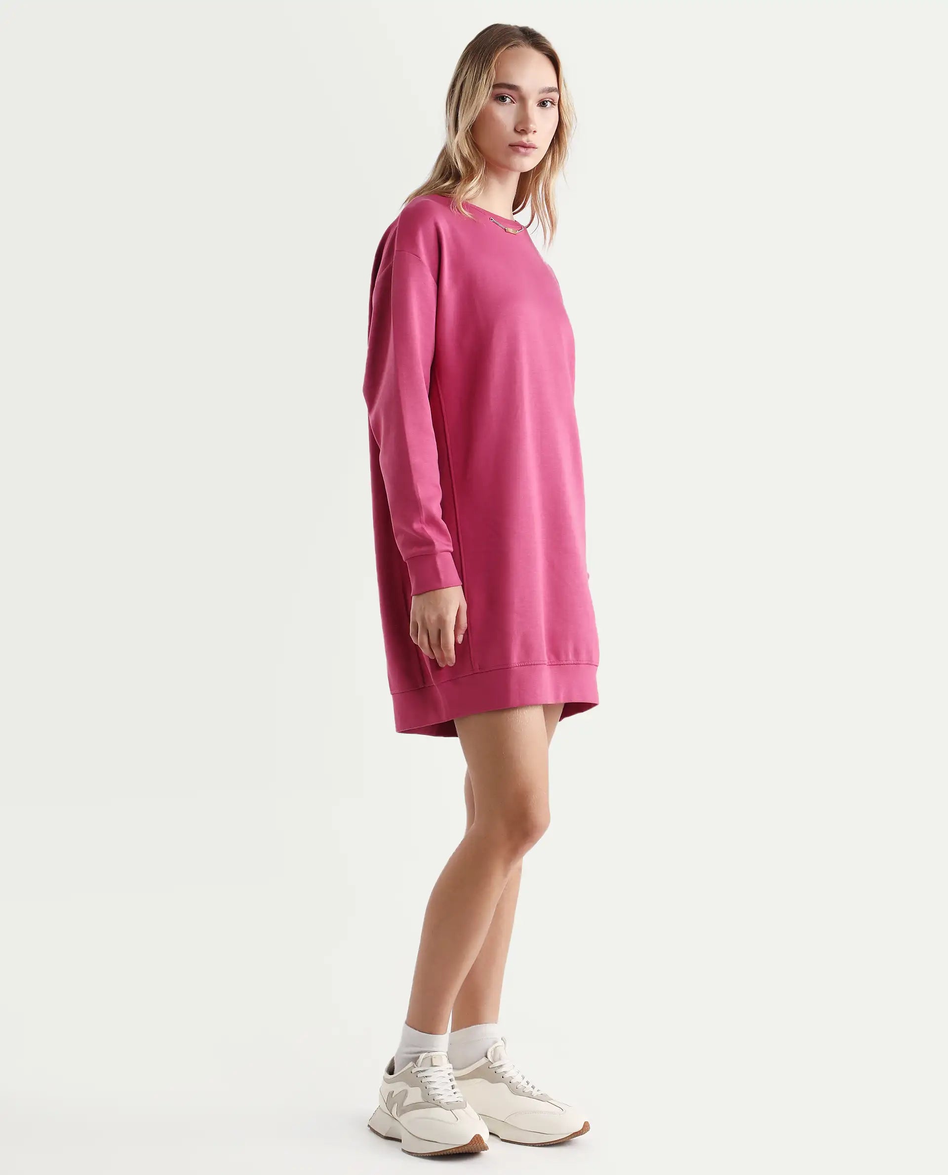 Rareism Women's Merchant Dark Pink Cotton Blend Crew Neck Plain Mini Relaxed Fit Dress