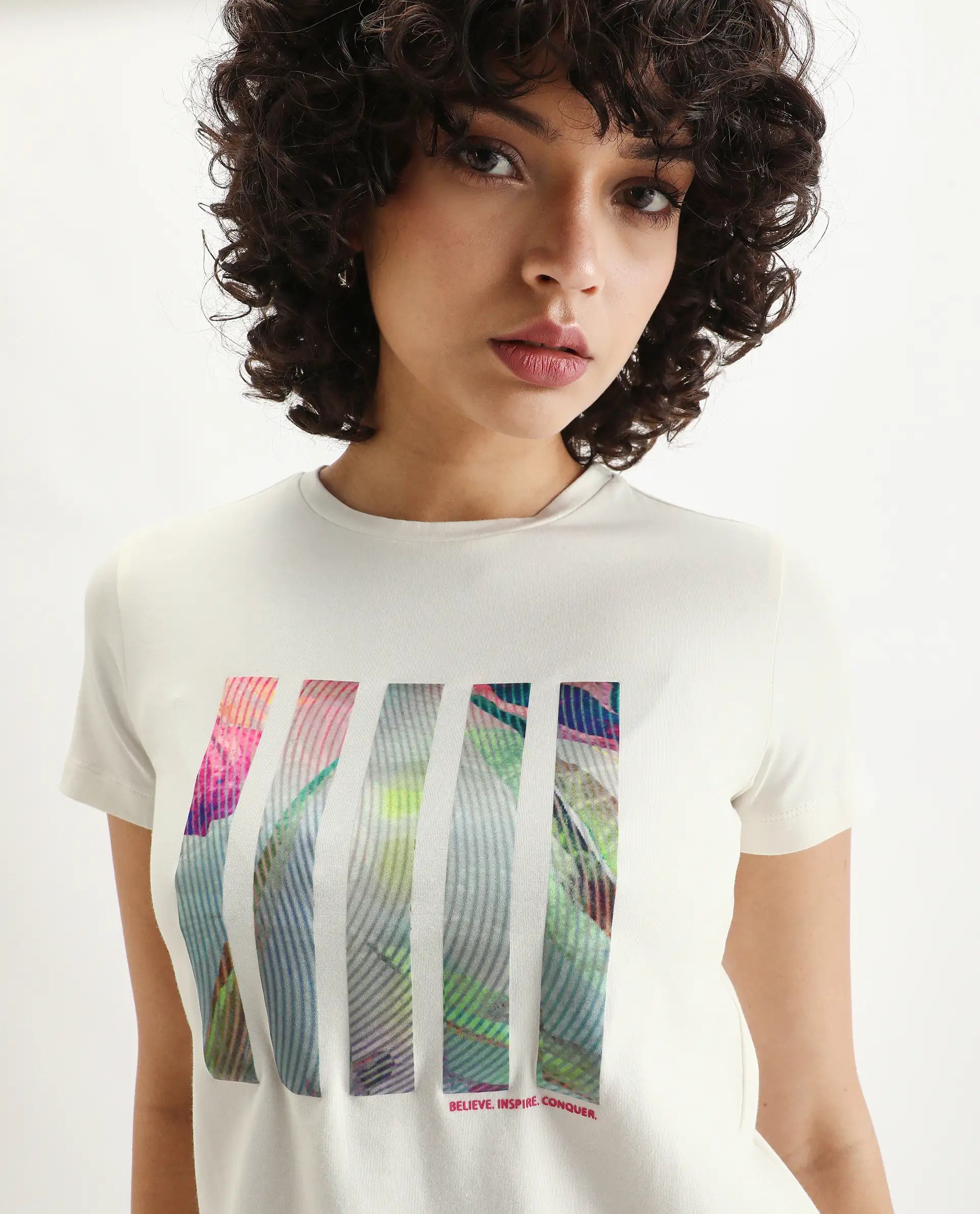 Rareism Women's Merch Off White Cotton Blend Crew Neck Graphic Print Regular Fit T-Shirt