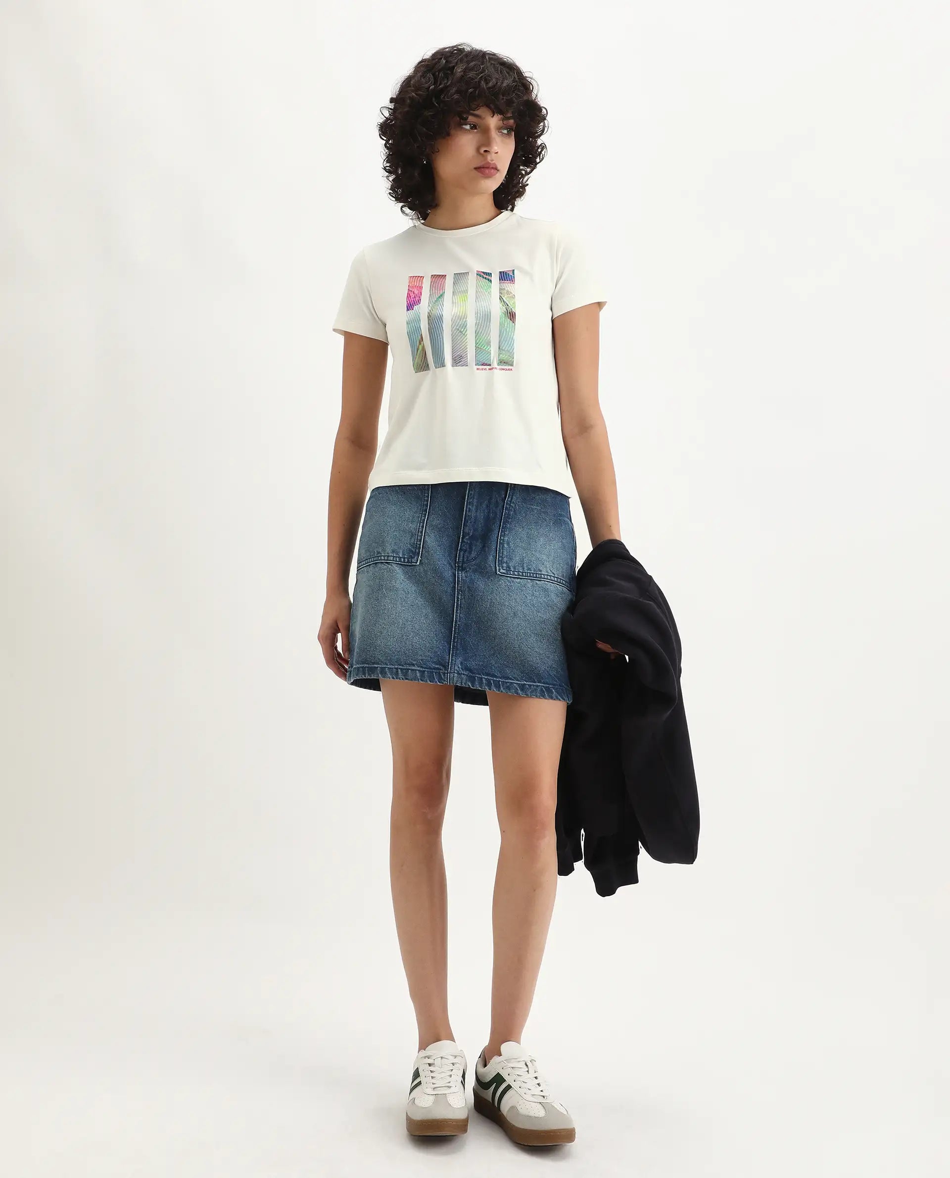 Rareism Women's Merch Off White Cotton Blend Crew Neck Graphic Print Regular Fit T-Shirt