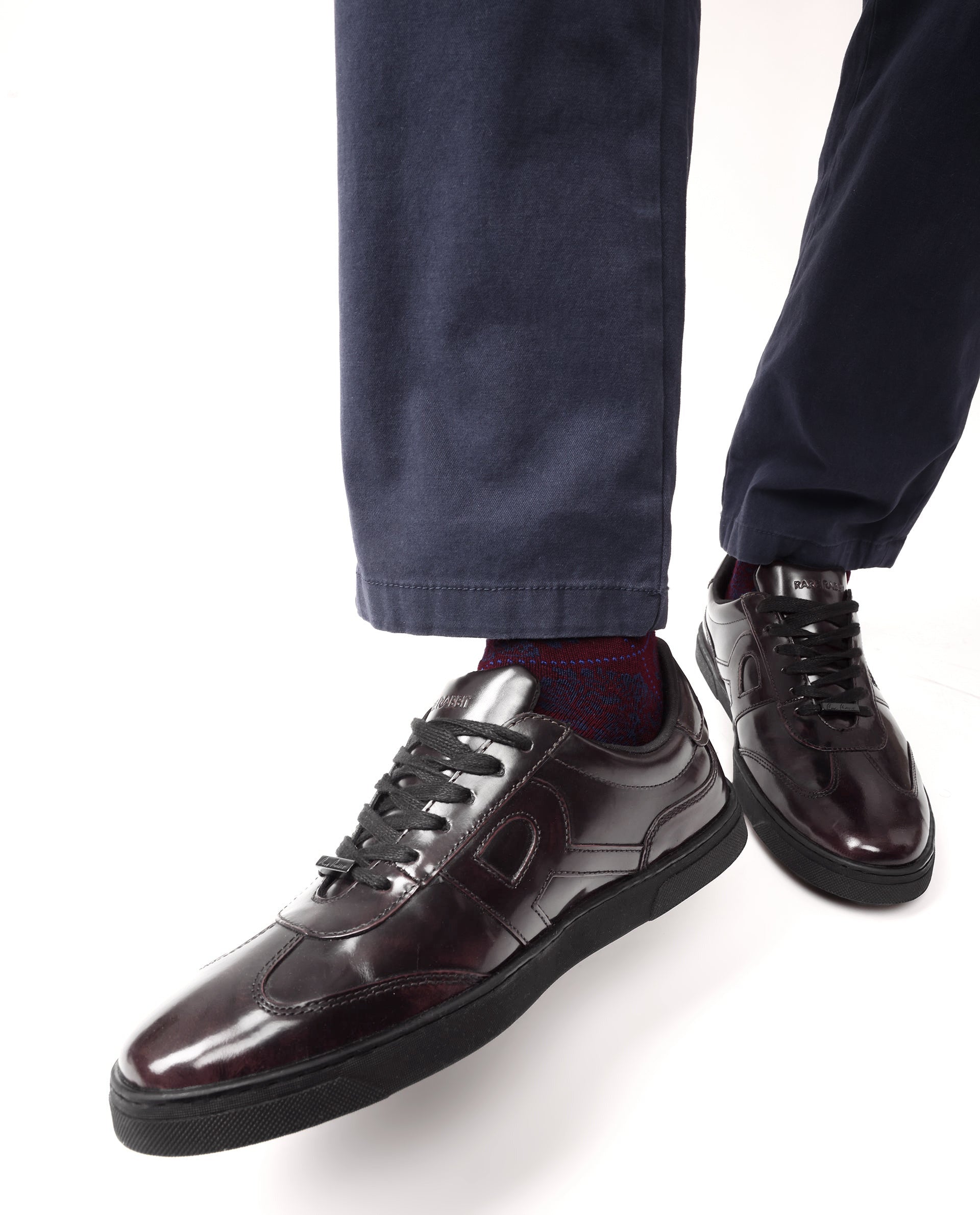 Rare Rabbit Mens Mercury Maroon Shiny Brush Off Leather Lace Up Low Top Round Toe Smart Casual Sneaker Shoes