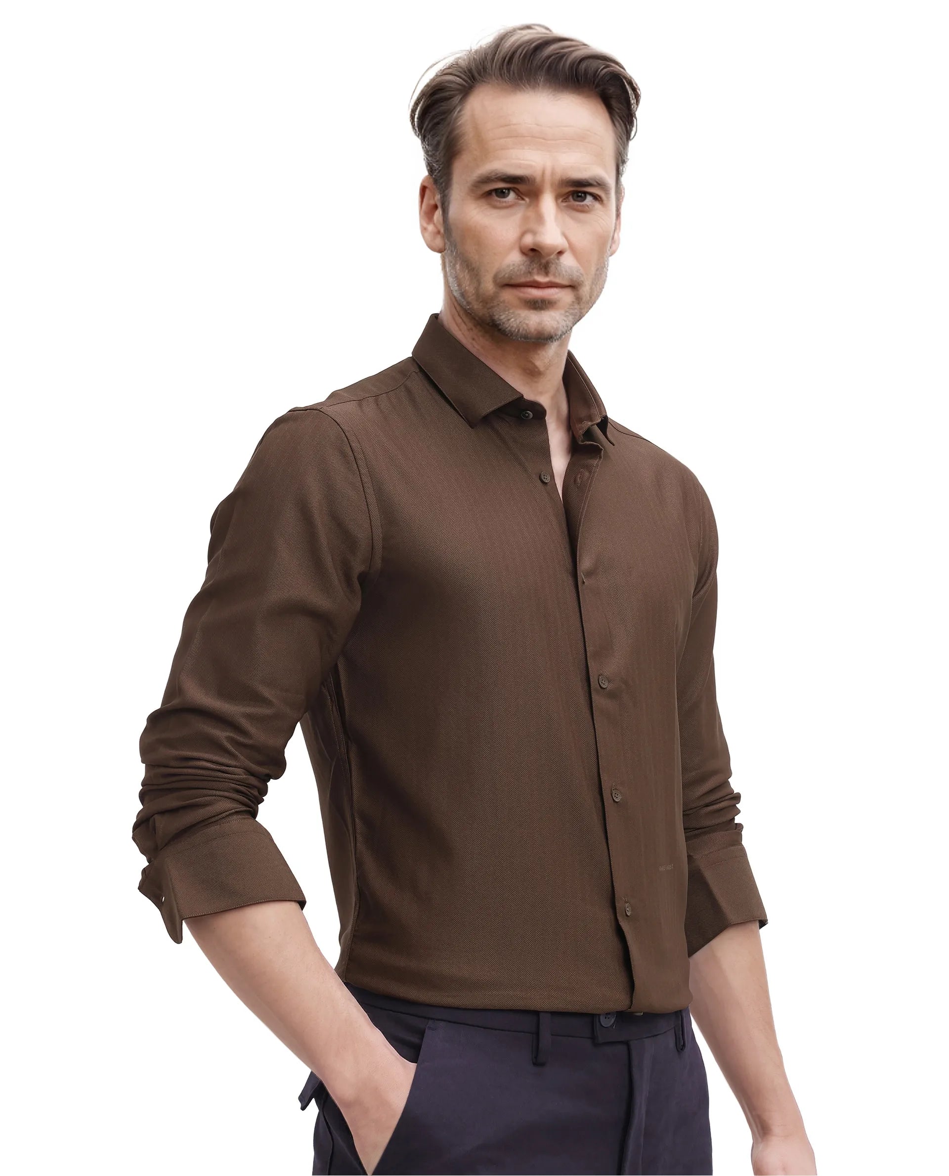 Rare Rabbit Men Mer Dark Olive Viscose Polyester Lycra Fabric Full Sleeve Button Closure Regular Fit Herringbone Textured Shirt